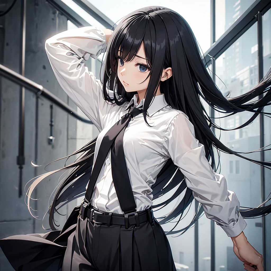 Dynamic angle, absurd, original, extremely delicate beauty, beautiful delicate eyes and face, 1 girl, black_hair, looking_at_viewer, solo, (masterpiece: 1.4), (best quality: 1.4), , black hair, very long hair, school uniform, white shirt, pleated skirt, collared shirt, blunt bangs,