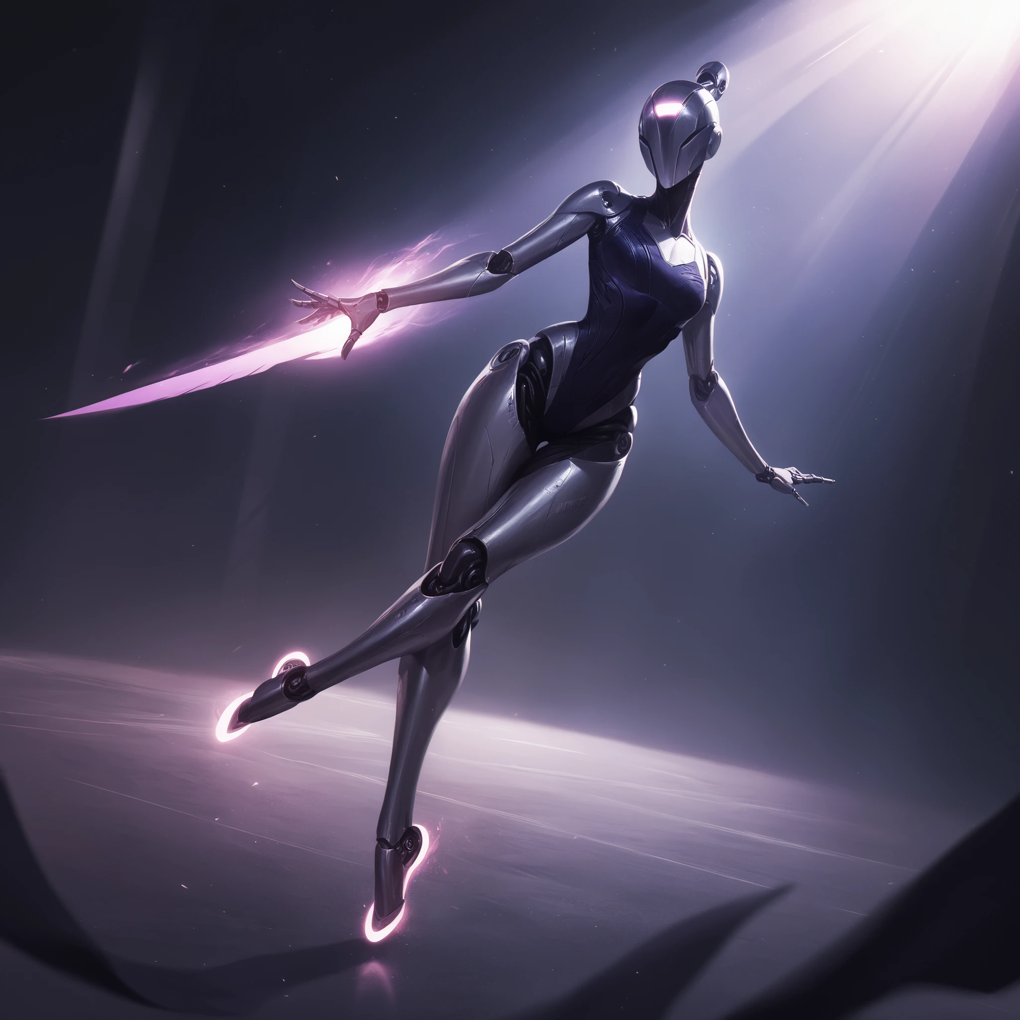 Futuristic ballerina robot with blade-like legs, glowing purple energy in subtle rays, set in a dark metallic arena, cinematic lighting, high resolution, no face, no hair.