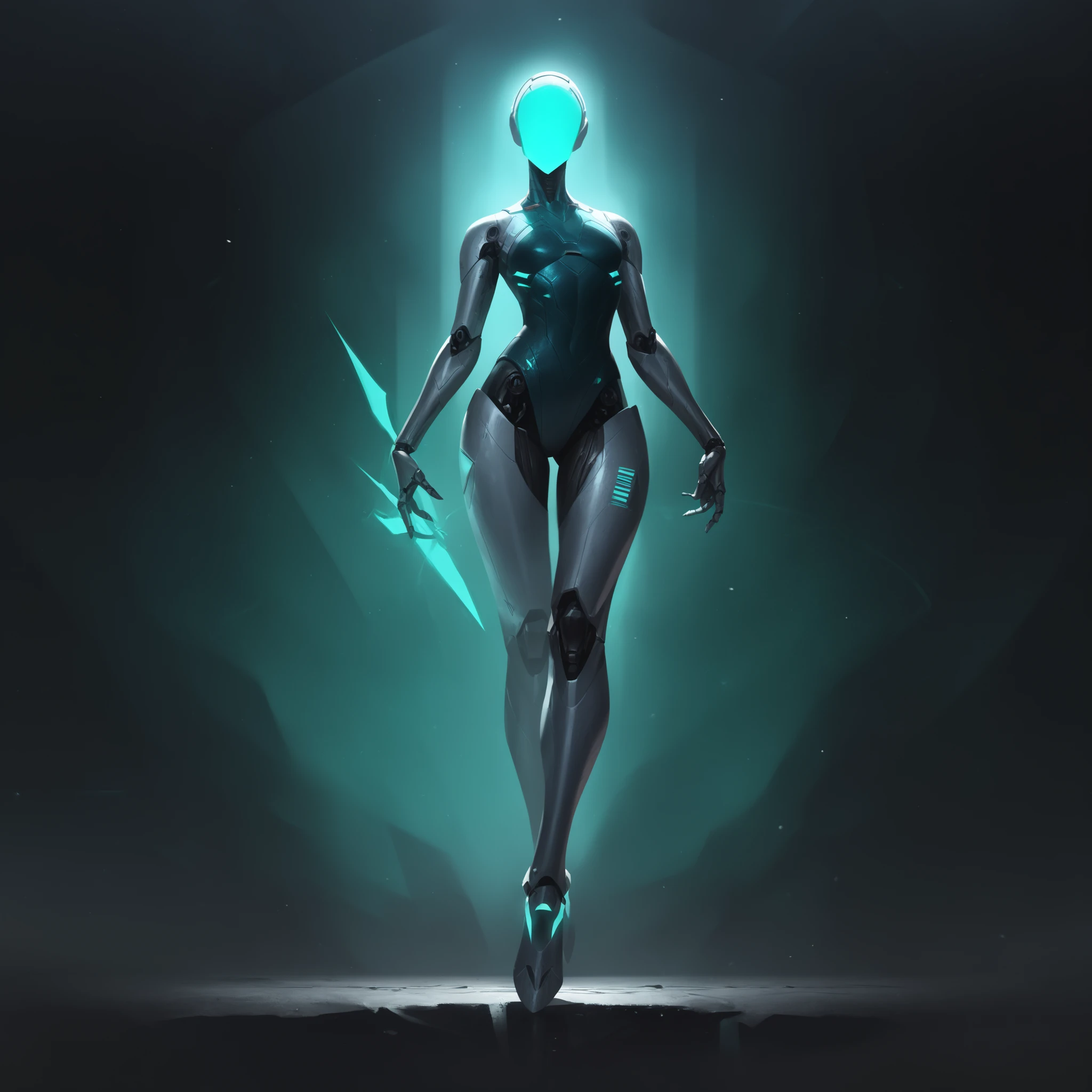 Futuristic ballerina robot with blade-like legs, glowing green-cyan energy with faint plasma veins, set in a dark metallic arena, cinematic lighting, high resolution, no face, no hair.