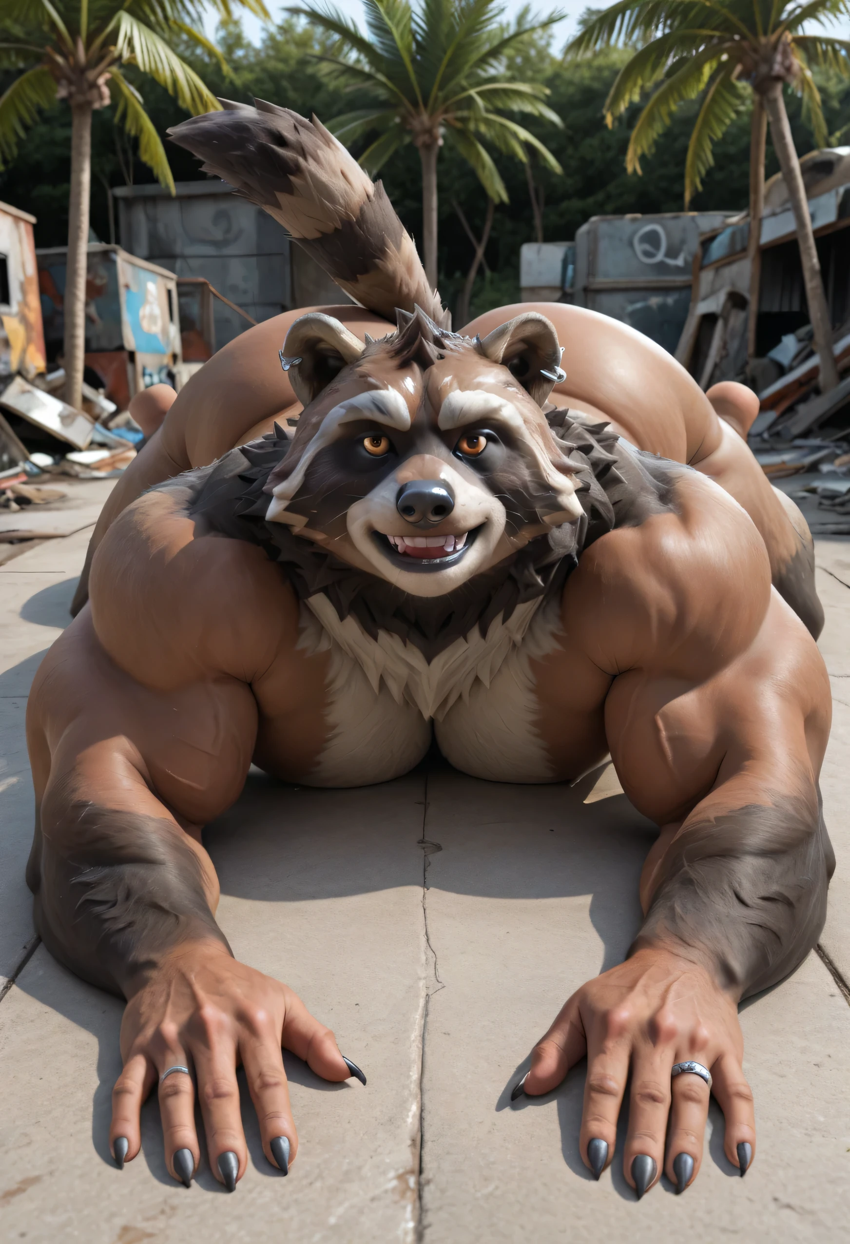 score _9, score _8_Up, score _7_Up, masterpiece, best quality, amazing quality, high quality, RAW photo, semi realistic, full body, Anatomically Correct. (furry), (1boy), (Huge Adult Male muscular bara Procyonids Raccoon Rufus from Fortnite), Huge Man, (Brown and Grey Fur Body), (Rufus Raccoon Fur), Detail Fur, Bushy Fluffy Brown and Grey ringed tail, Dark Brown Raccoon Mask, The fur on Top of his head dyed bright green, massive hyper veiny muscle, Massive bodybuilder physique, huge bulging pectoral, huge wide broad bulging chest, huge wide broad shoulders, huge bulging abs, Huge wide broad back. (Detail Amber Eyes), Black Sclera, Realistic Detail Bara Furry Procyonids Chiseled Male Handsome Rugged Rufus Raccoon Face, strong square jawline, chiseled cheekbones, tough appearance, Huge muscular butt:2. Nipple Piercings, ear piercings, rings, realistic human hands, (Natural palm color:1.2), 5 fingers:1.5, realistic human feet, 5 toes:1.5, (Natural soles color:1.2), Black Claws, huge size 25 feet, 10 feet tall. In a Realistic Rugged Urban Junkyard, solo, (facing the viewer:1.6, front view:1.6), (lying on stomach:1.5), hand on his own cheek, focus face, close up face, smug smirk. Naked, Uncensored, huge bulge.