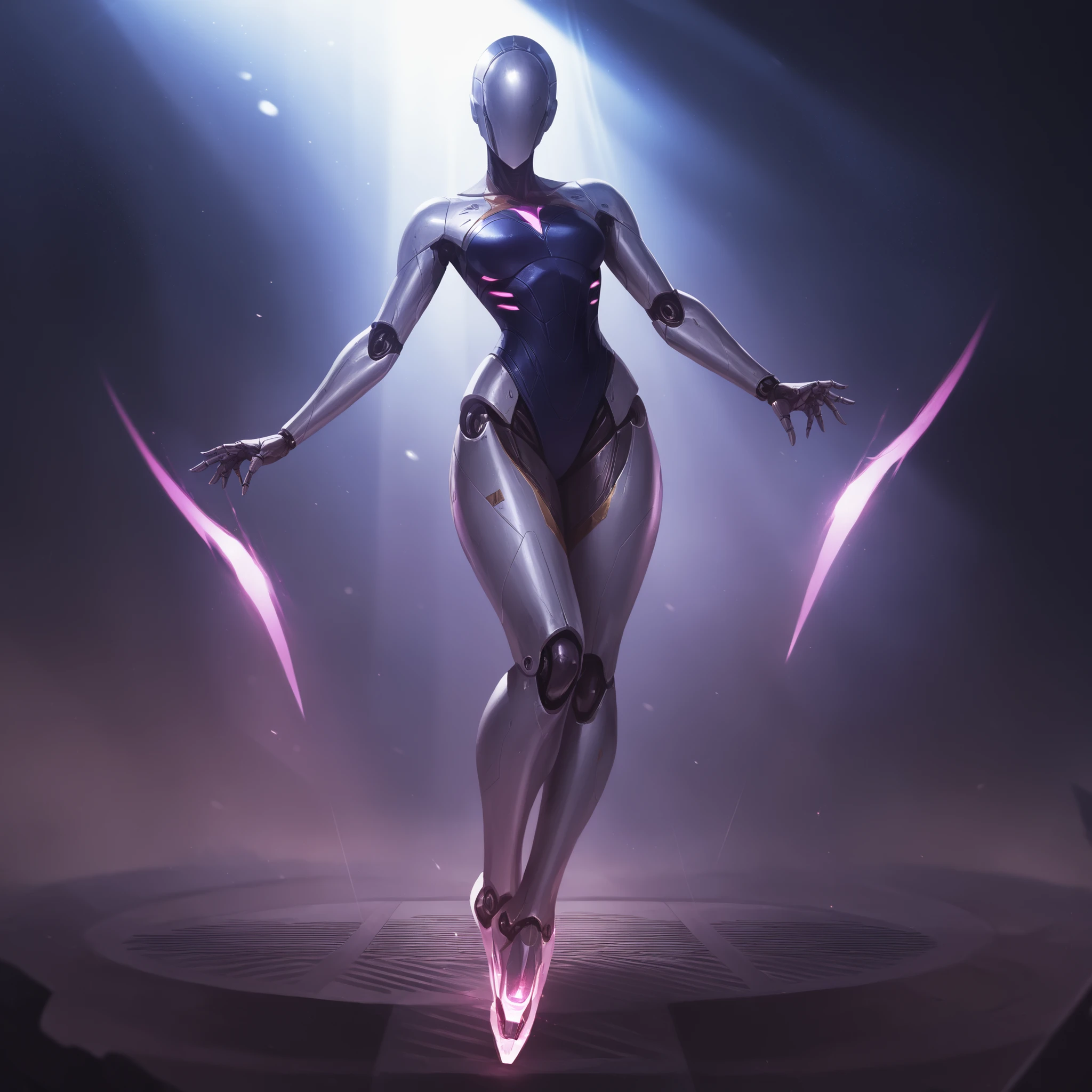 Futuristic ballerina robot with blade-like legs, glowing purple energy in subtle rays, set in a dark metallic arena, cinematic lighting, high resolution, no face, no hair.