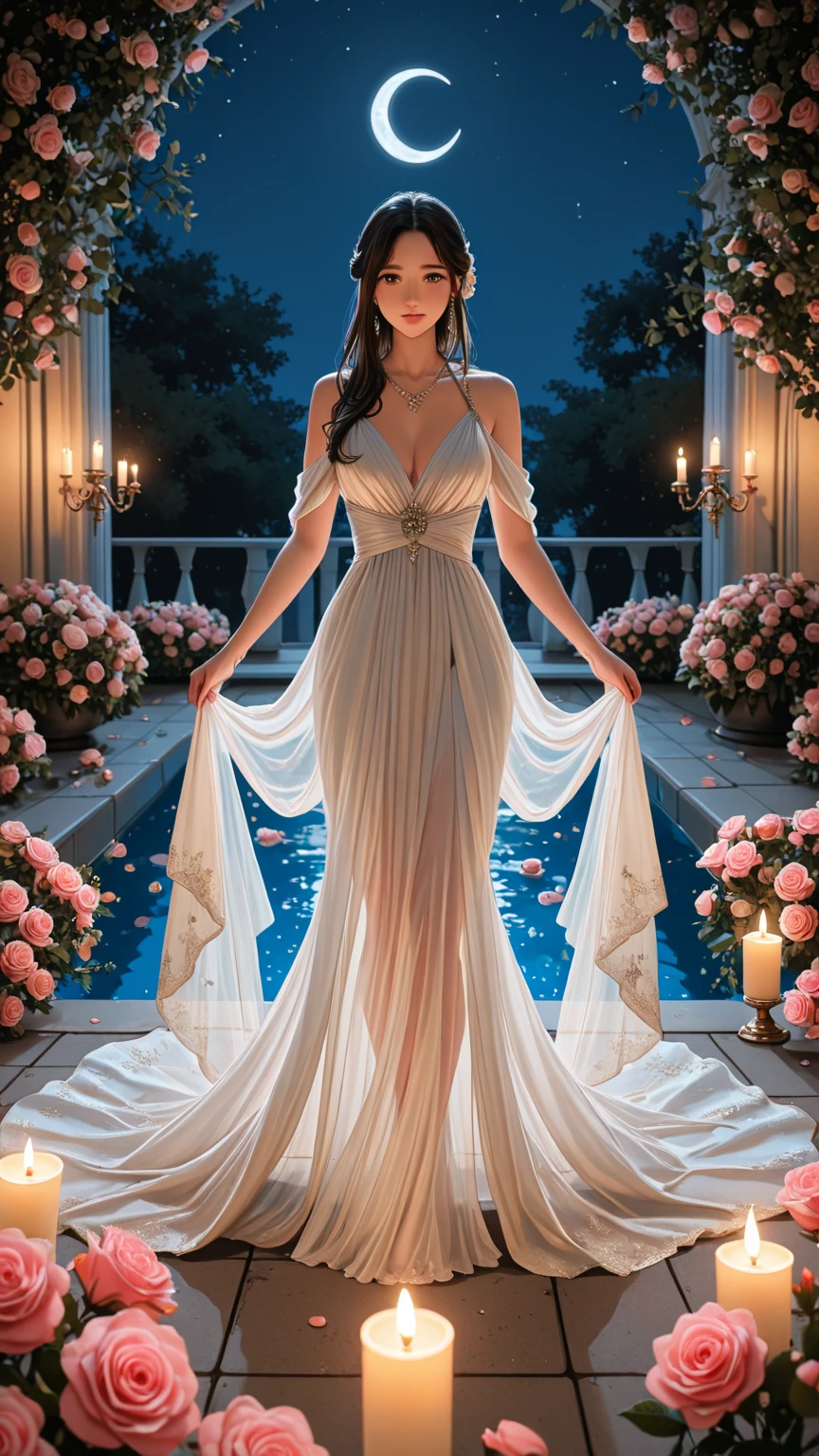 (masterpiece, best quality:1.2), 1 woman, cute, solo,  sheer gown,  feet, sultry, flower garden, show her head to toe