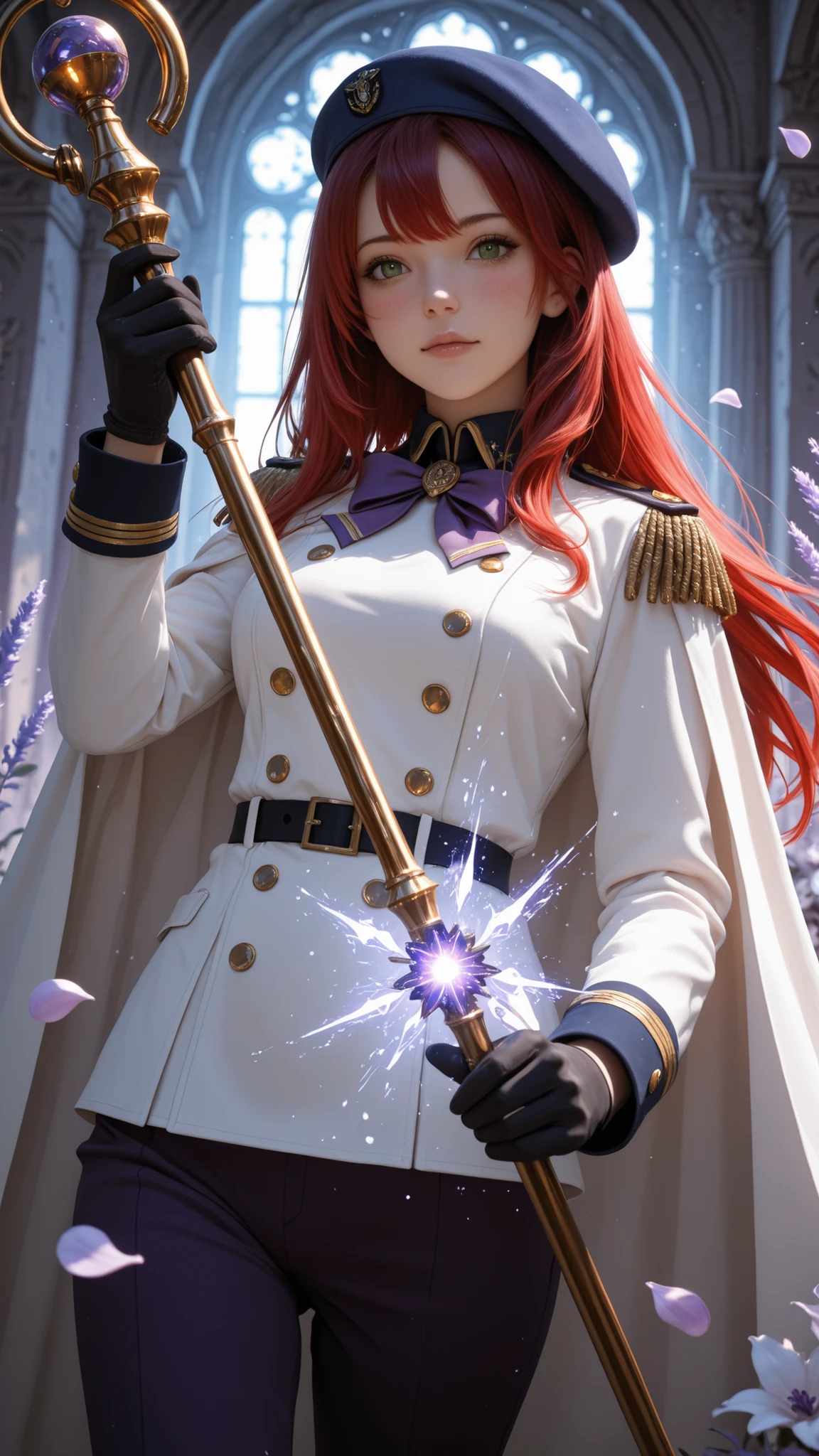 (4k,8k,Ultra HD), masterpiece, best quality, ultra-detailed, very aesthetic, depth of field, best lighting, detailed illustration, detailed background, cinematic, BREAK ambient occlusion, raytracing, soft lighting, blum effect, masterpiece, absolutely eye-catching, intricate cinematic background, BREAK masterpiece, amazing quality, best quality, ultra-detailed, 8K, illustrating, CG,detailed background, cute girl, eyelashes BREAK
1girl, green eyes, masterpiece, best quality, ultra-detailed, cinematic lighting, portrait of a beautiful woman with long flowing red hair, wearing an elegant white military-style uniform with gold buttons, black epaulets, and a large purple bow at the collar, paired with dark purple pants and black gloves, holding a decorative staff with a golden hilt in one hand while adjusting her navy blue cap with the other, standing confidently amidst swirling purple and white flower petals against a soft lavender background, soft ambient light highlights her face and the glossy textures of her outfit, blush, highly detailed digital painting style with visible brushstrokes, anime-inspired fantasy aesthetic, moody atmosphere, realistic skin texture with luminous highlights, sharp focus on face and upper body, shallow depth of field, playful and confident expression, magical energy around, castle, skirt, cape, beret,
dynamic pose, extreme perspective, cowboy shot, dutch angle,