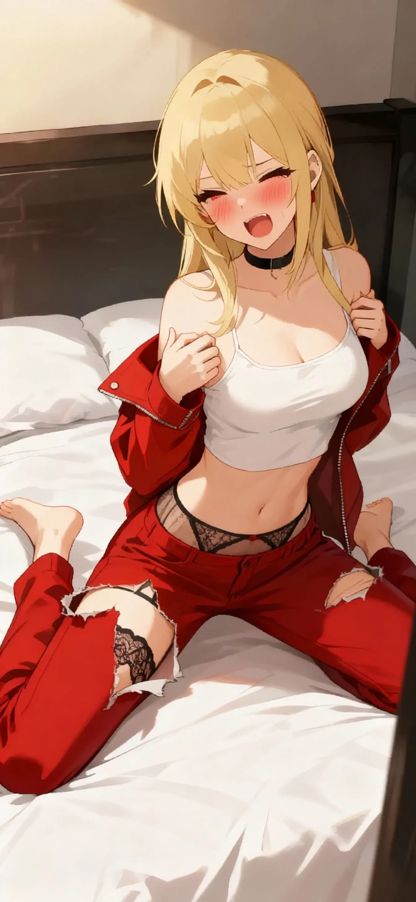 Shiny blond hair, very long hair, sophisticated haircut, ((((hair fully braided)))), ((small twisted braids)), thin and oval face, submissive, (((gagged))), ((((open denim jacket showing her )))), cute and blushing 18 years old anime girl, look away because she is embarrassed and blushes, bright blue eyes, detailed face, detailed members, detailed arms, detailed hands, ((((sparkling diamond jewelry)))), tiara, ((makeup)), high heels, puffy sleeves, long gloves, long eyelashes, Girl lying, tied by ropes, shackled, can no longer move, tied tightly, very hard tied up with lots of ropes, hampered by so many ropes that she can no longer move, bound hands and feet, ropes tie his whole body, tied extremely tightly and forcefully to her bed by a lot of ropes, its limbs are strongly tied together by ropes, his torso is tied up with thick cords, her  is so tied up with ropes that it sticks out, her legs are tied tightly with thick ropes, his hands are tied behind his back with ropes, she can no longer move her feet, her hands which are tied by thick ropes, she desperately tries to free herself, likes to be tied tight with big ropes, likes to be immobilized by big ropes, lying down, his hands and feet are strongly tied to the railing of his bed, his legs are pressed together and tied with ropes, its limbs are held vigorously by imposing ropes, her hands are tied securely behind her back by ropes, her  is compressed by strong ropes, she is pressed against her bed and restrained by large ropes (, arms behind the back:1.4), (hands on the back), (masterpiece, best quality) 1.5, 1girl, solo, (, beautiful woman, perfect face, perfect eyes, perfect hands), samus aran, (, arms behind the back:1.4), (hands on the back), Spread the legs, s' ((lie in bed by big ropes)), ((close up of the girl)), ((((lie in bed))))