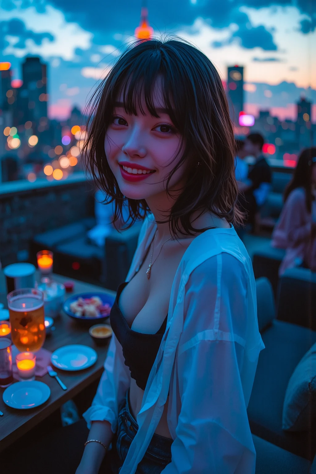 (8k, RAW photo, best quality, masterpiece:1.2), (realistic, photo-realistic:1.37), ultra-detailed,
1 girl,cute, solo,beautiful detailed sky,detailed cafe,night,sitting,dating,(nose blush),(smile:1.1),(closed mouth),?????????????, seductive smile, large aparture, professional lighting, Sony A7R4, Zessie 50mm F1.8,
??????????????,beautiful detailed eyes,(collared shirt:1.1), bowt