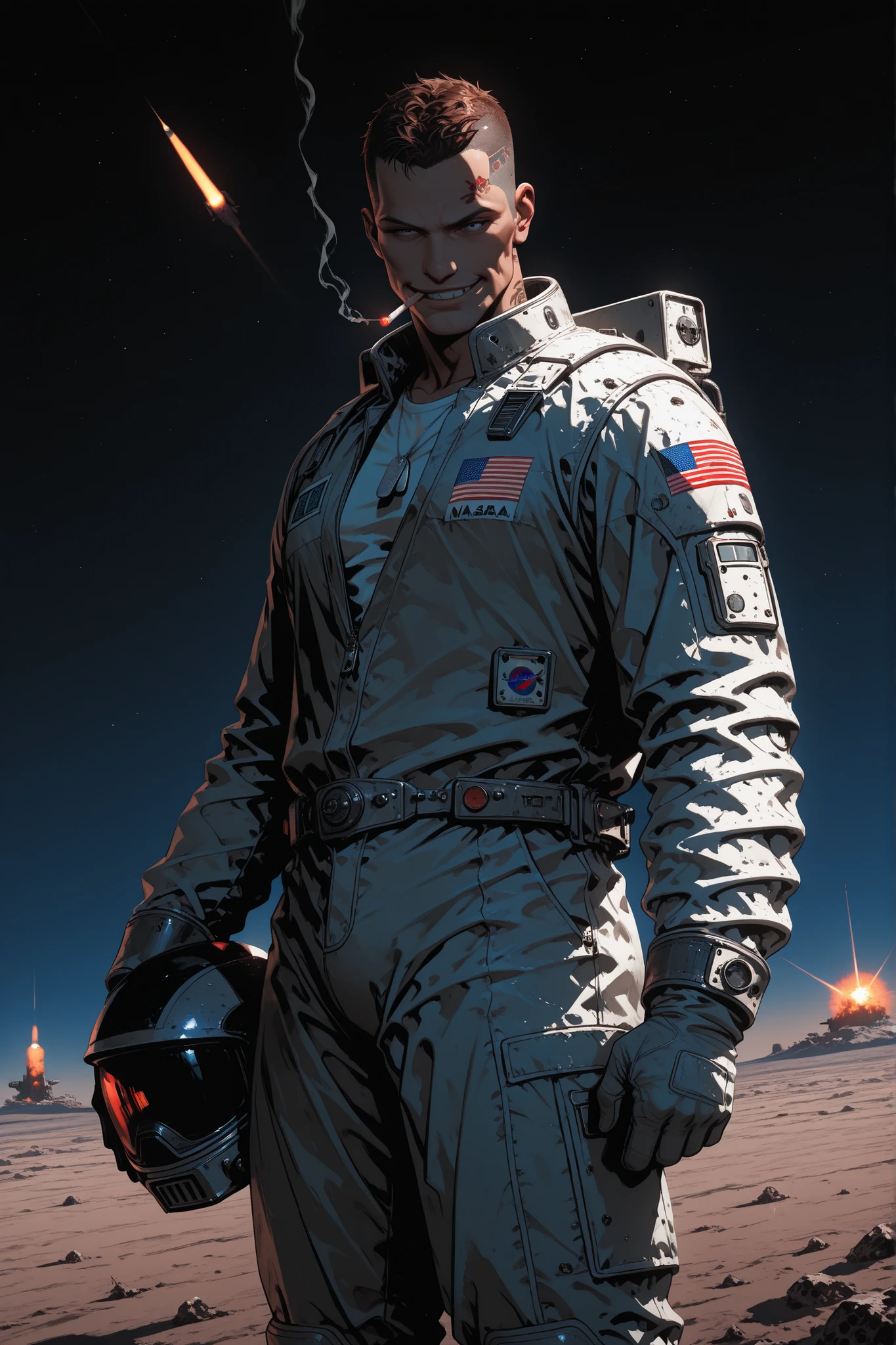 high quality, masterpiece, best quality, alternate history American astronaut, Reginald, 35 year old white male, strong jawline, crew cut brown hair, muscular physique, confident smirk, NASA spacesuit with American flag patch partially unzipped showing white t-shirt underneath, dog tags visible, Navy SEAL tattoo on exposed forearm, holding helmet in one hand, flask in other, cigarette between lips, standing proudly beside lunar lander module, American flag planted on lunar surface, Earth visible in sky, Soviet satellite debris in background, Apollo mission rocket visible in distance, 1960s space aesthetic, vintage technology elements, cocky expression, film grain texture, dramatic lighting casting long shadows on lunar surface, retro color palette emphasizing reds and blues, nostalgic atmosphere, historical alternate timeline, propaganda poster style composition, cold war tension evident