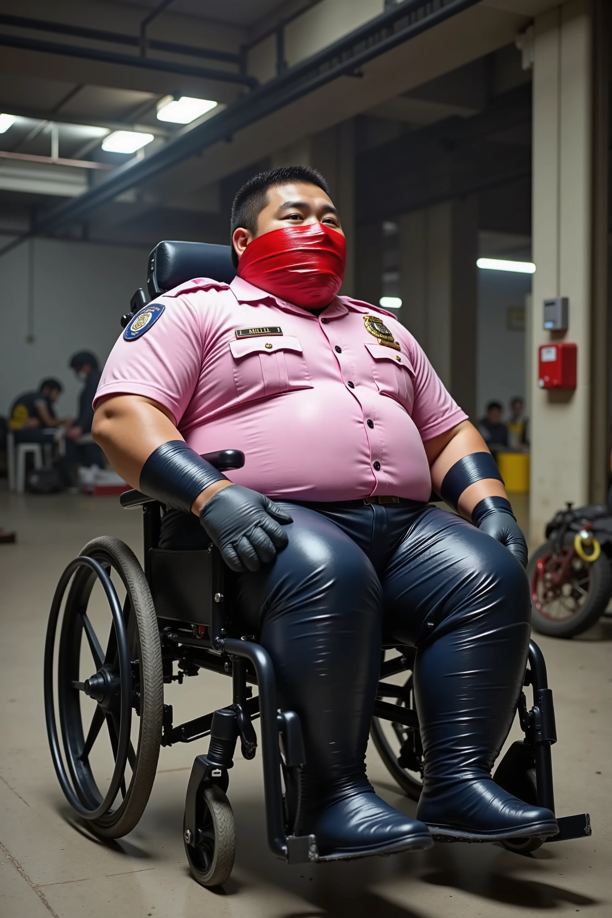 A fat asianflux man with large arms and belly, laying on a reclined wheelchair, arms are wrapped in black duct tape restrained to armrests, legs are mummy style wrapped in black duct tape, his mouth and nose are tightly covered by red shiny duct tape, he is wearing a pink latex police uniform, in a steamy warehouse abandoned building