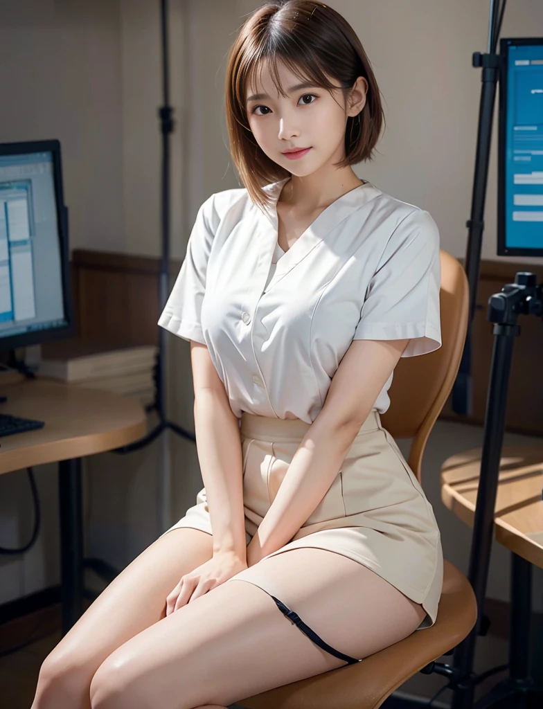 (8ＫRaw photography、top-quality、masuter piece:1.2)、ultra-detailliert、ultra res、(realisitic、rialistic photo:1.37)、portlate、high-definition RAW color photography、Professional Photography、highly detailed and beautiful、ighly detailed、8ＫImage wallpaper、amazing detailed、huge filesize、Official art、Highly detailed CG Unity 8ＫWallpapers of、Very detailed beauties、extra detailed face、extremely detailed eye、highlydetailed skin、extremely detailed fingers、highly detailed nose、very detailed detailed mouth、Perfect 、细致背景、prety woman、Realistic body、de pele branca、glistning skin、Handsome body、kawaii、kawaii faces、Lifelike face、Delicate eyes、Looking at the camera、front facing、beautiful thigh、(Highly detailed white skin)、Tecateca、embarassed face、Excited face、(looking at from the front:1.2)、(Japan beauties:1.2)、(((Lift the skirt、Lift the skirt with both hands)),((25 year old beautiful office lady wearing white clothes :1.2))、((beautiful woman standing in front of a chair))、((Small office with one computer))、Sweet smile 、skirt by the、((Panties that change color from image to image､Hairstyles that change depending on the image))、large udder、(Faces and expressions that change with each image)、((Short Cut Hairstyle))