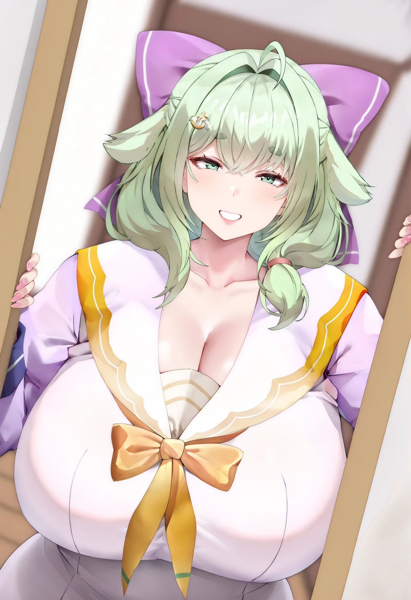 Masterpiece, best quality, high resolution, 1girl ,full body shot, (best quality), (ultra-detailed), (masterpiece, best quality:1.3), 1female, adult, Masterpiece, Best Quality, hi res,HD, detailed 1girl ,anime, mature female, indoors, smile, age 30 - 40 ,curvy, busty,thick, huge breast, mature face,milf, mother, NSFW,short green hair, green eyes, purple bow headdress, sailor suit, , Green Hair Bow Girl,ahoge / stray hair,M-shaped fringe / M-shaped bangs Short green hair, green eyes, purple bow headpiece, Barrette . Hair bow voluptuous, voluptuous female, looking at viewer, high resolution, 8k, 4K, high detail, detailed bangs, detailed hair, high detail face, high detail eyes, detailed lips, dynamic shot, dynamic angle, small nose,GreenHairBowGirl, ,Pink dress, long sleeve,,half-length portrait/photo