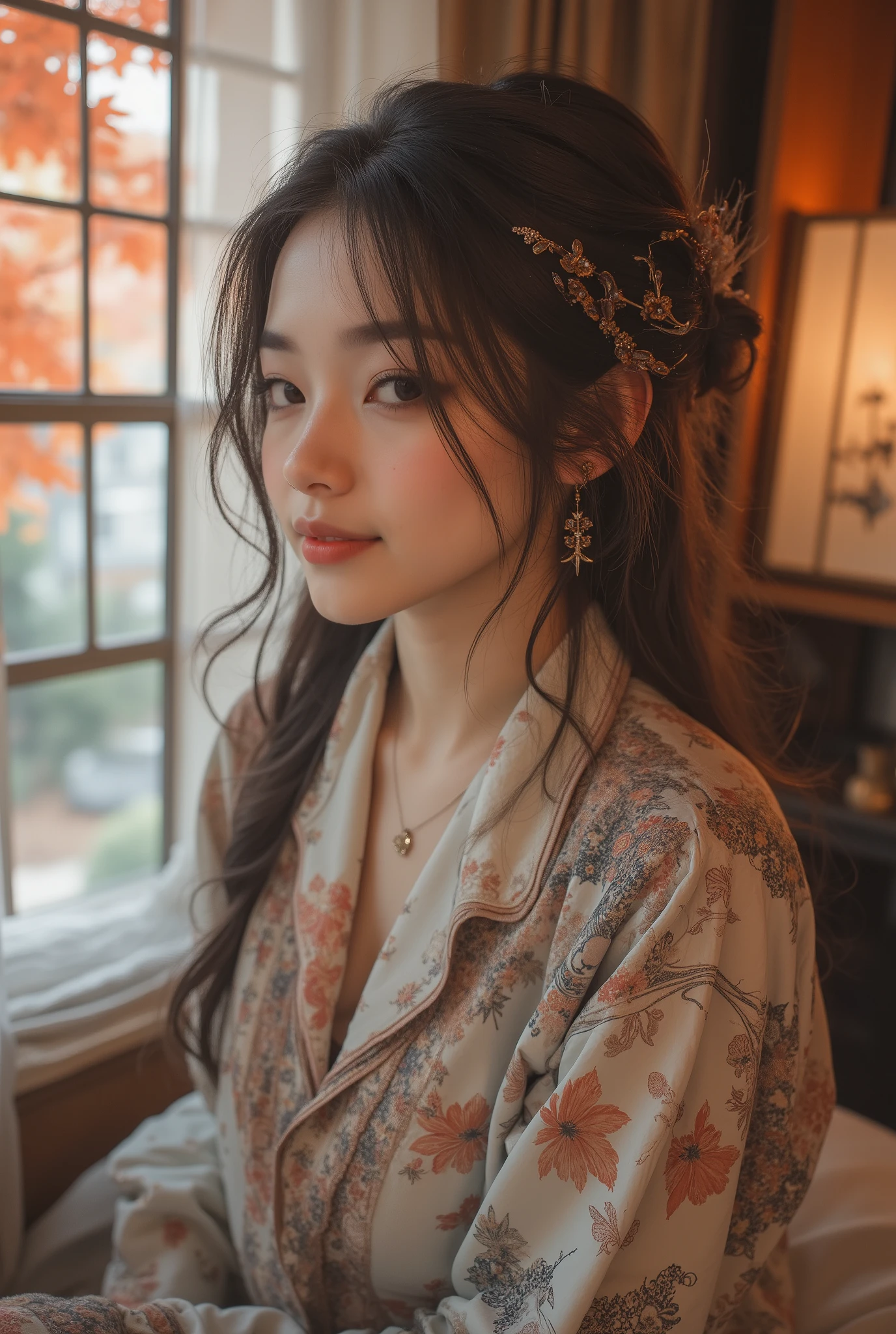 close-up、sitting on the bed in rococo style pajamas and stretching out while facing here with a smile、Oriental beauty with blond hair and black two-tone bob with only twirling bangs、highest quality、Outside the window is Momiji no Mori、