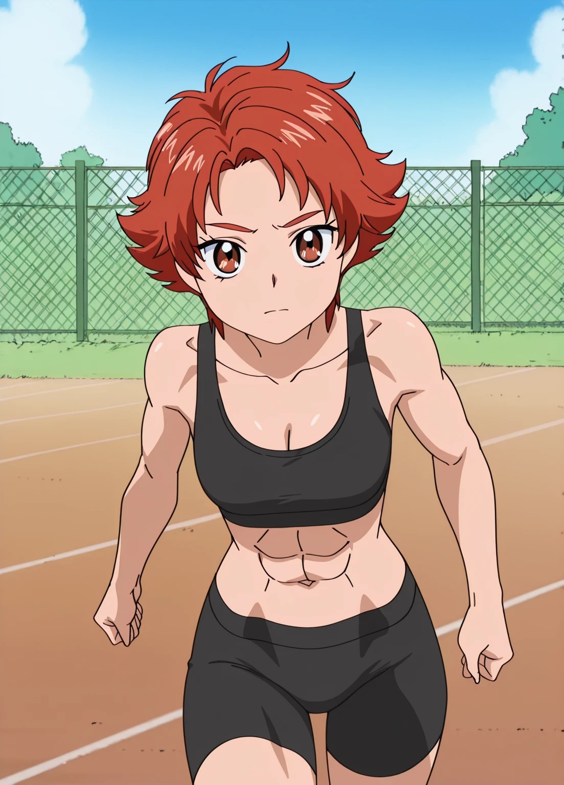 傑作, Best quality,.Best resolution,.Best image quality, amazing quality, very aesthetic,.absurdres, anime coloring, anime screencap, anime screenshot, official style, official art, 1girl, Anime girl in black , short red haired girl, brown eyed girl, spiked hair, flipped hair, anime moe art style, official anime art style, natsuki rin, solo, outfit:black sports bra, Enchanting anime girl, (anime girl), Female protagonist , girl wearing a black sports bra, Wearing black bike shorts, outdoors, fence, sports ground, cowboy shot, looking at viewer, female focus, tomboy atmosphere, made by Anime Painter Studio, shoulders, arms, legs, covered , , cleavage, very , covered , large , navel, midriff, abs, stomach, collarbone, biceps, biceps short head, biceps long head, triceps, triceps medial head, triceps lateral head, triceps long head, brachioradialis, deltoids, anterior deltoids, middle deltoids, posterior deltoids, covered thigh muscles, semitendinosus muscles, hamstrings, adductor magnus muscles, cool anime girl, anime best girl, sports bra with an black, toned body girl, strong muscles, tight bike shorts, bike shorts with an black, sports bra and bike shorts only, attractive anime girl,