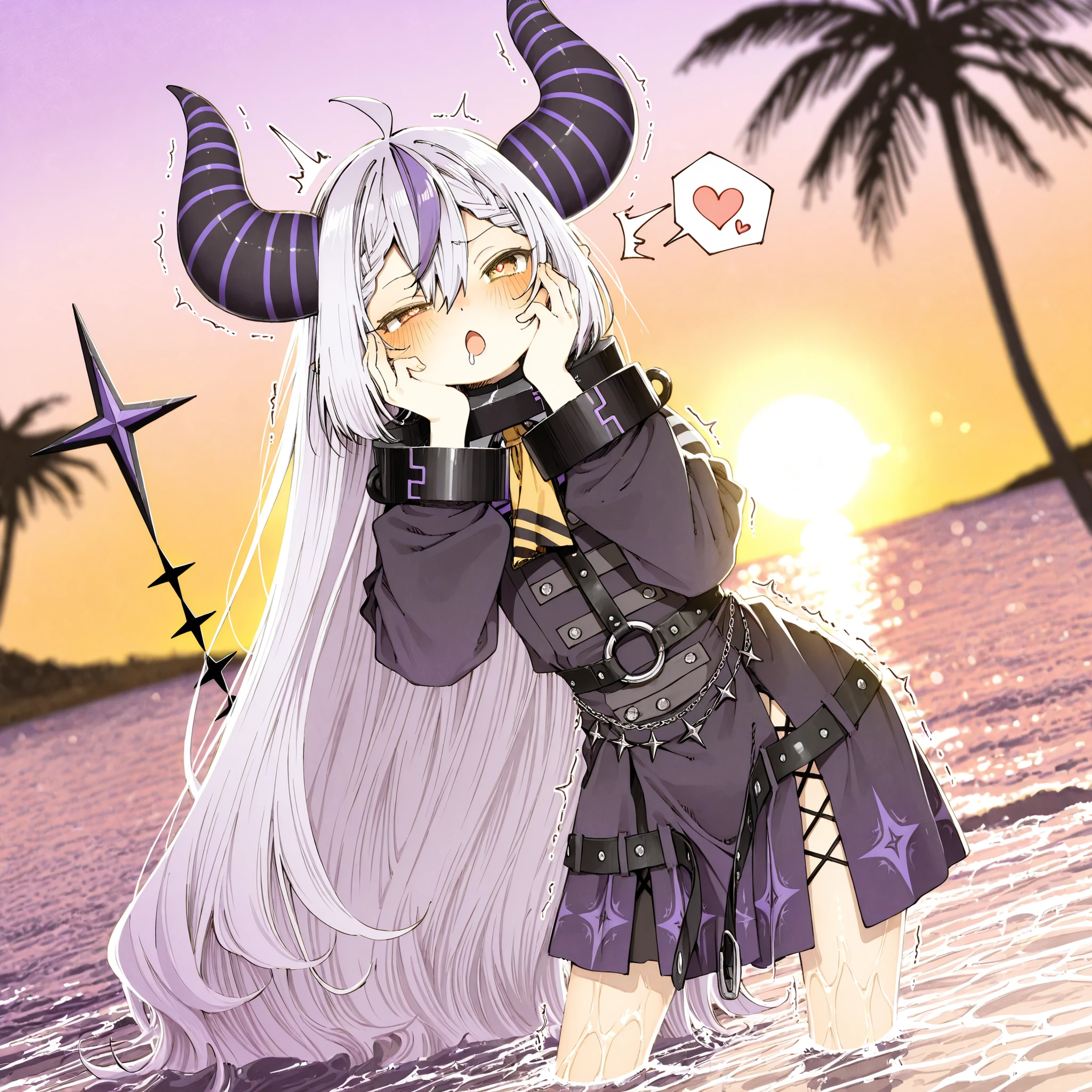 ((Abara Heiki style)), ((Laplus Darknesss)), ((Masterpiece)), ((best quality, amazing quality)), ((very aesthetic, absurdres, newest)), (backlighting), ((detailed background, negative space, blurry background, depth of field, Asymmetrical background)), (dynamic angle, from side, profile), ((1girl)), Cute young Girl, (Healthy Gaunt body, Textured skin, small , tilt head), (gold glitter eyes, gradient eyes, uneven eyes), ((heart-shaped pupils)), open mouth, :o, blush, (torogao, face with raised eyebrow, furrowed brow), , drooling, mouth drool, , ((^^^, twitching, trembling)), (silky long hair), (hair between eyes, long bangs, long side bangs), ((hands on cheeks)), (cute cheeks), glossy lips, pouty lips, (lower eyelashes), black dress, metal collar, purple coat, yellow ascot, o-ring, ((wading in the Shallow waters near the shore, contrapposto, , caustics)), tropical beach, palm tree, outdoor, tropical country, Beautiful Horizon landscape, wind blow, (sunset, twilight), ct_l4plus, distinct, (spoken big heart), ct_l4plus,