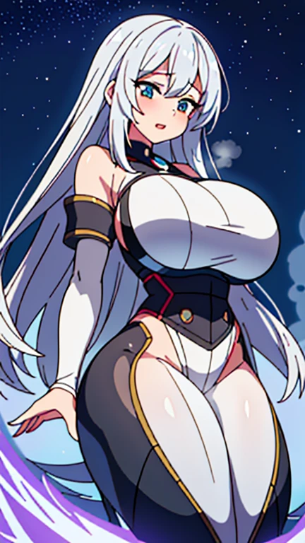 1girl, dark skin, dark-skinned female, white hair, long hair, yellow eyes, , , thick thighs, wide , mature female, milf, tall, tall female, toned, toned female, smile, futurustic, science-fiction, machinery, tech, white clothes, white , , neon trim, neon, neon lights,