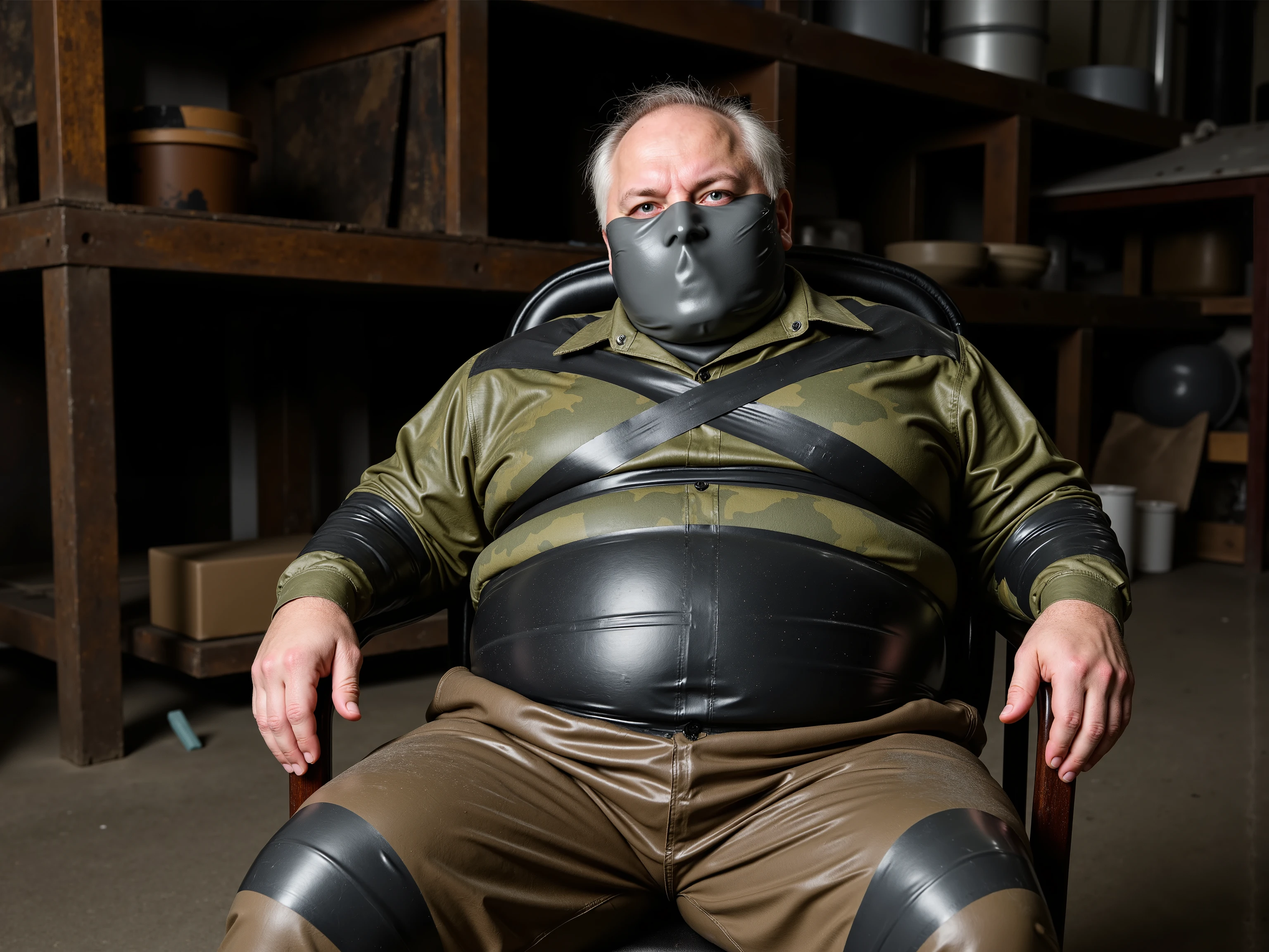 A 94 year old fat ugly white obese man with weathered skin, bound tightly in layers of glossy black duct tape across his torso and limbs, sits slumped on a rusted industrial chair in a derelict factory, wearing tattered rubber camouflage shorts with a thick brown stained rubber shirt that is green camo, his face obscured by crisscrossed silver tape, his eyes are covered tightly beneath the tape, mouth and nose covered