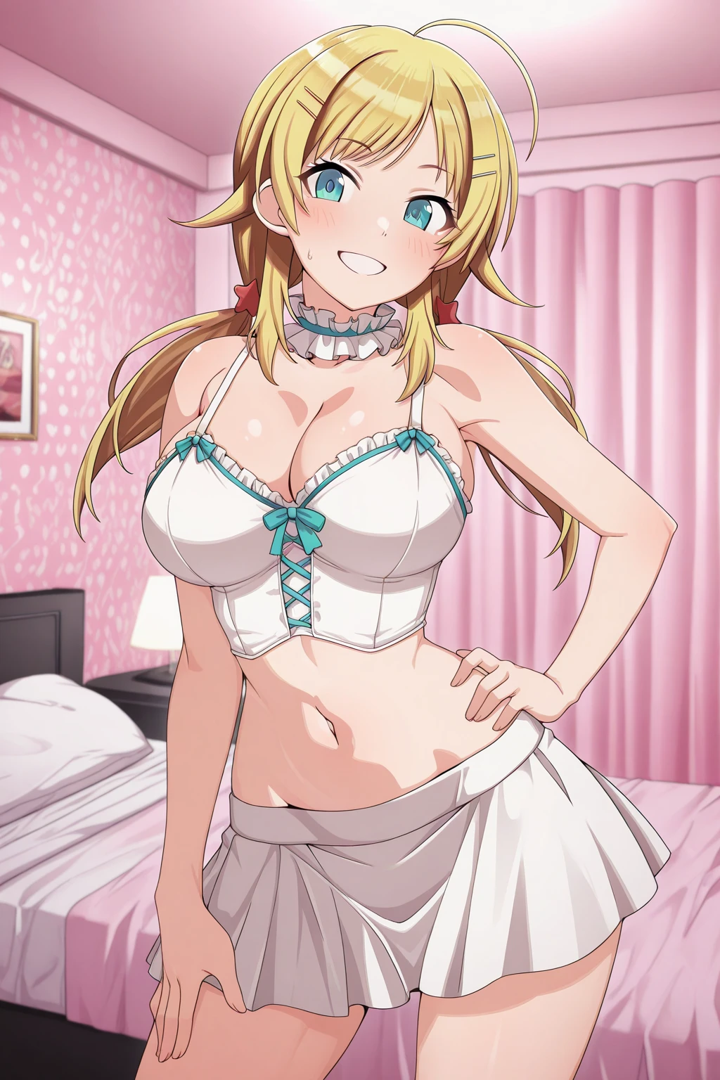  Hachimiya Meguru with blue eyes, blonde hair and with very  and a very thin waist in a pink see-through t-shirt, short pink wee-through skirt and twintails , smiling while looking at the viewer. She is lying on a bed covered in pillows in a palace bedroom. She wears a jewel navel piercing, and long golden chain earrings. She has a  .