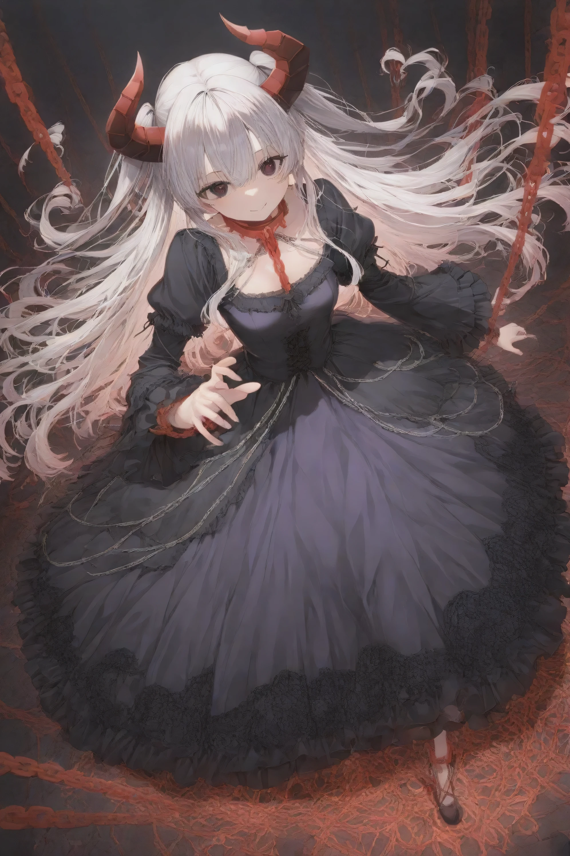 (masterpiece, Highest Quality, high resolution),high image quality、8K. anime style, 1 girl, Demon King, Horned, Dark eyes, Purple appearance, Outfit, foot chain made of white metal, 足枷からWHITE CHAINが伸びた, WHITE CHAIN, Chain made of white metal、Pure White Chain, Chain of Light、A chain that emits white light、led from a chain to a white iron ball, Beautiful girl, woman caught in chain, Perfect Fingers, Perfect Body, detailed facial features, Precise Skin Texture, rich expression, attractive face, Reverend Job, high resolution, perfect body proportions, captivating expression, dungeon background、clear background、beautiful background
