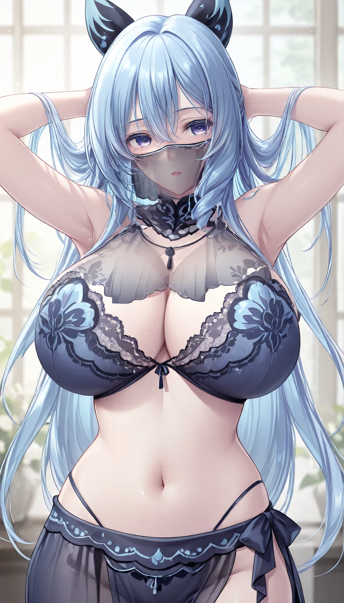 {{masterpiece}}、{{Highest Quality:1.3}}、{{Super Detailed:1.3}}、Pretty Eyes、perfect human body、(１ Adult Woman、solo)、pale blue hair、(The inner color is white )、(Watery eyes )、 Slim、big boobs、beautiful faces、{{very delicate and beautiful}}、high resolution、cinematic、dancer style lace sexy clothes、face veil、(place your hands behind your head)