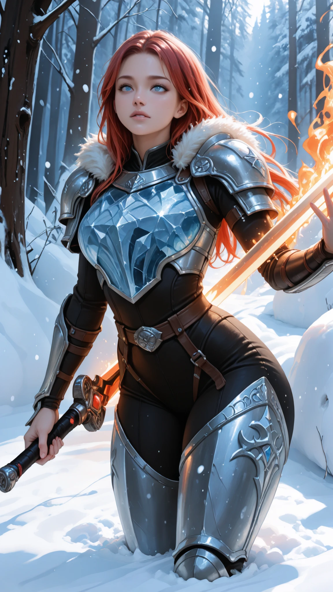 A lone Viking warrior stands in a desolate snowfield painted in shades of frozen blue and silver. Her red hair burns like a living ember against the vast white void, whipping in the wind as flurries drift around her. She holds her sword pointed down into the ice   a gesture not of defeat, but of silent defiance. The blade glows faintly with frostfire light, its reflection stretching across the snow like a memory of battle long past.
Behind her, barely visible through the storm, an enormous eye opens within the blizzard   vast, unblinking, and ancient. Its iris burns with the same pale orange fire that flickers in her own gaze, as if the storm itself were watching her, testing her resolve. Snow clings to her fur-lined armor, glimmering under the dim sun like shards of frozen steel. The air hums with quiet tension   the world holding its breath before destiny moves again.
The color palette is stark and mythic   frozen white, glacier blue, iron gray, and deep ember red   punctuated by the orange glow of the unseen watcher. Each hue feels carved from the elements themselves: cold against warmth, solitude against presence, mortality against eternity.