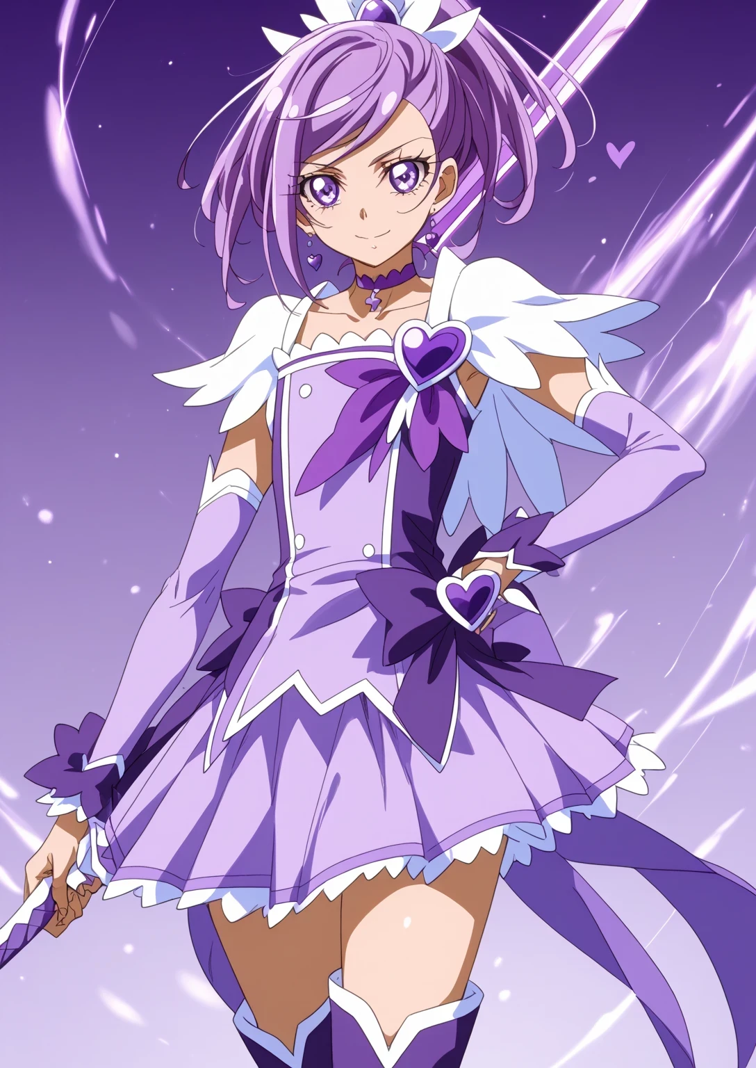 score 9 、score 8 up、score 7 up、source anime、傑作、Best quality、Best resolution、Best image quality、anime coloring、anime screencap、anime screenshot、official style、official art、1boy、cure sword is a boy、(manly face:1.5)、purple haired male character is wearing a purple dress、high short ponytail hair、spade shape hair ornament、solo、portrait of magical boy、boy is wearing a white and purple dress、portrait of a solo、long legs、heavenly aura、the purple thunder aura、white and purple skirt、mini skirt、high cut skirt、purple neckwear、heart brooch、purple choker、collarbone、white shoulder pads、Symmetrical shoulder pads、purple arm warmers、purple detached sleeves、purple waist bow、bare thighs、purple thigh high boots、Symphogear art style、short purple haired boy、amethyst prince、official anime art style、style of magical boy、masculinization、((cure sword outfit))、magical boy、official anime artwork、official anime style、Best resolution、perfect outfit、sparkling magical boy、(manly:1.5)、sparking purple eyes、perfect body、trapezius、perfect hands、perfect arms、perfect legs、covered pectoralis major、arm muscles、thigh muscles、semitendinosus muscles、covered hamstrings、covered adductor magnus muscles、male focus、looking at viewer、solo focus、cowboy shot、(male body:1.5)、 beefcake style、purple background、female purple panty、bare crotch、basic design female panty、female purple panty underneath white and purple mini skirt、detailed outfit、bulge medium underneath female panty、I can see female purple panty、showing female purple panty、skirt lift、