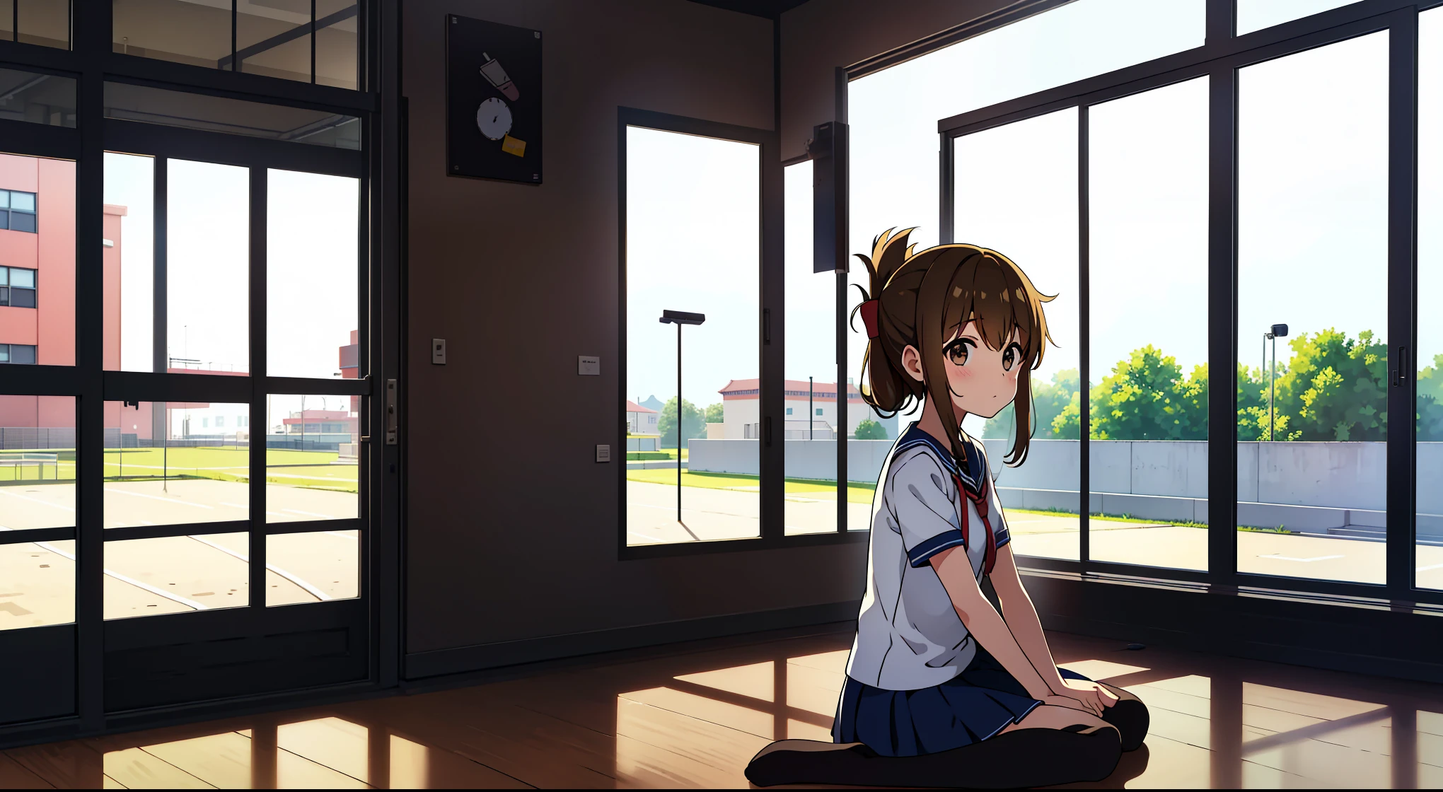 In the gym、体調不良のためschoolの体育館の床に窓が , center image ,detailed photos,Single Building ,front,Modern high school, architectural concept ,Entire building , sports facility ,現在のシナ,I am sitting on the floor of the school gymnasium and observing classes because I am not feeling well.,(masterpiece, Highest Quality:1.2),illustration,8k,high resolution,1girl,solo,upper body,(portrait:1.2),Brown_My hair,folded_ponytail,Brown_eye,uniform,long_My hair,school_uniform,skirt,pleated_skirt,