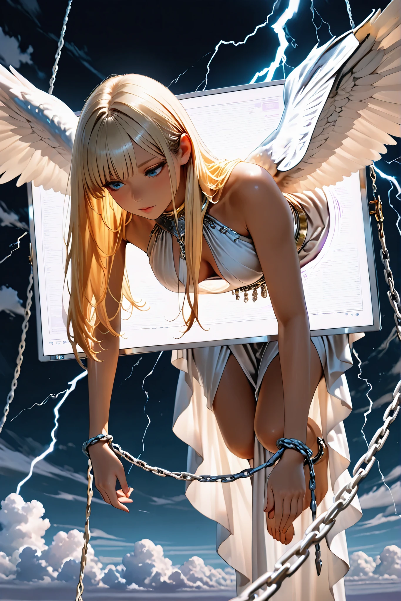masterpiece, high resolution, photorealistic, The ratio of one goddess , solo, (Hands are tied and 、hanging from the celestial world), beautiful character design, White Wings, pretty face, blonde straight long, beautifully detailed eye depiction, expressive eyes, blue eyes, Look away, Look down, No expression, (Roman mythology costume), (White chains intersect all over the screen:1.5), Dark Clouds, lightning, In the background, (full body)