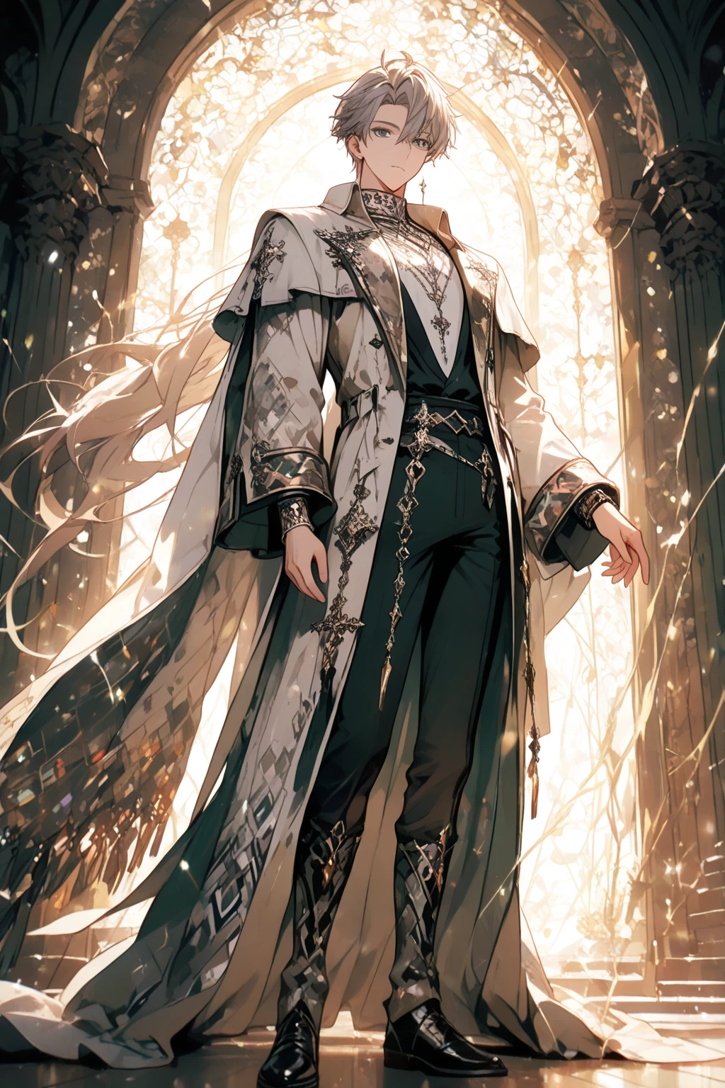 masterpiece, best quality, 8k ,4k ,solo, male, short dark blue reddish hair, black sleeveless turtle neck shirt,  robe hanging by the shoulder,  embroidery robes, white jogger pants, Walking, Manly pose, muscle arms, Armband, bangs, blue reddish eyes, pale skin, sharp look, Sharp eyes, Morning walk, Castle Hall Background, high quality, extremely detailed, finely detailed eyes and detailed face, slender body, inspired by Asukaziye artist : ask, art style : ask