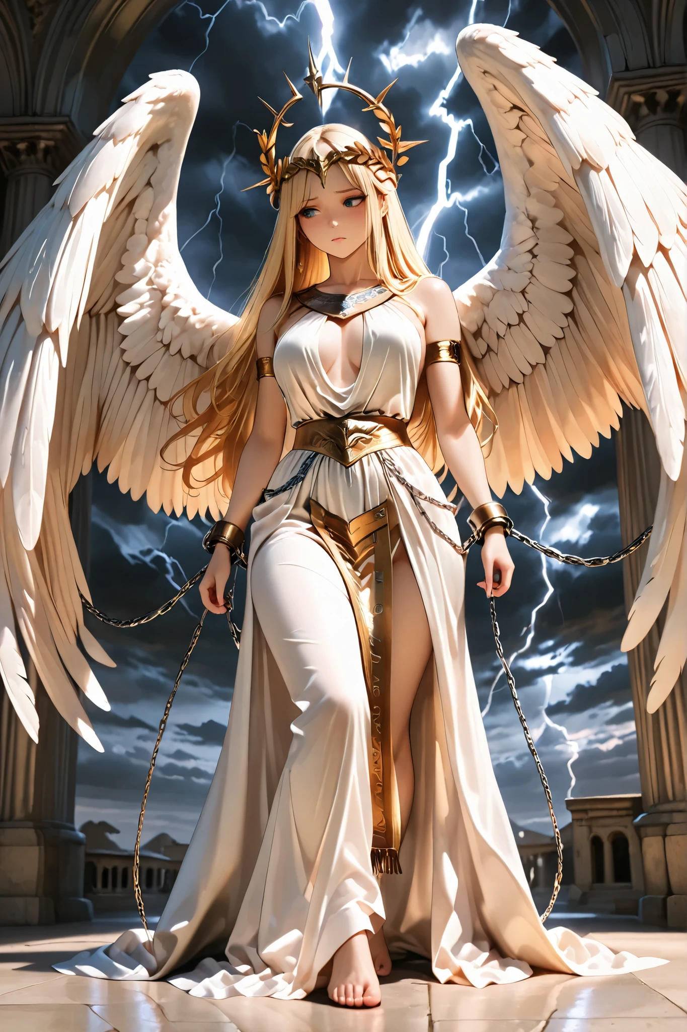 masterpiece, high resolution, photorealistic, The ratio of one goddess , solo, (my hands are bound in chains、can't move), beautiful character design, White Wings, pretty face, blonde straight long, beautifully detailed eye depiction, expressive eyes, blue eyes, Look away, Look down, frustrated expression, (Roman mythology costume), (((The white chains intersect))), Dark Clouds, lightning, In the background, (full body)
