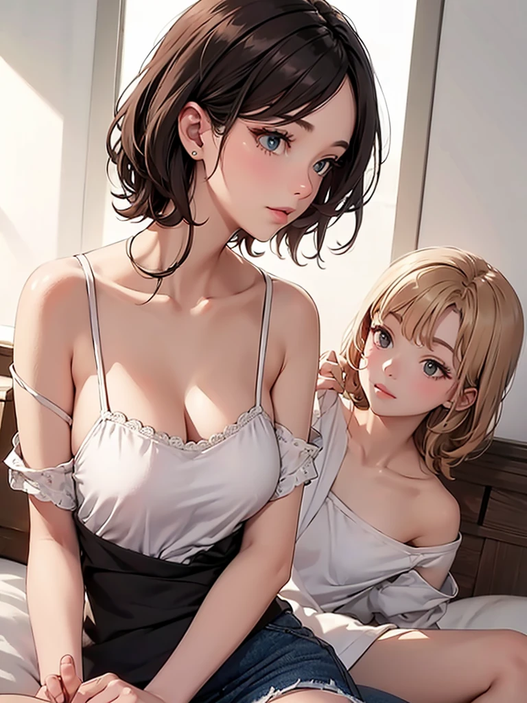 (adult magazine cover with lots of text)，(close-up:1.2)，pajamas， 1 Girl，Take with hand，(Mother and son :1.5)，(kiss:1.2)，(9 year old boy:1.4)，(hug)，(1boys:1.6)，{35 year old  woman},Drunken eyes,Side chest,open on chest,disproportionate ,  standing,Sub,((without sleeves,sensual , Open neckline:1.3)),{tufts of hair，Women's Hairstyle}, (:1.4)，Ultra thin face, detailed eye, Double eyelid folds，smile，Pervert