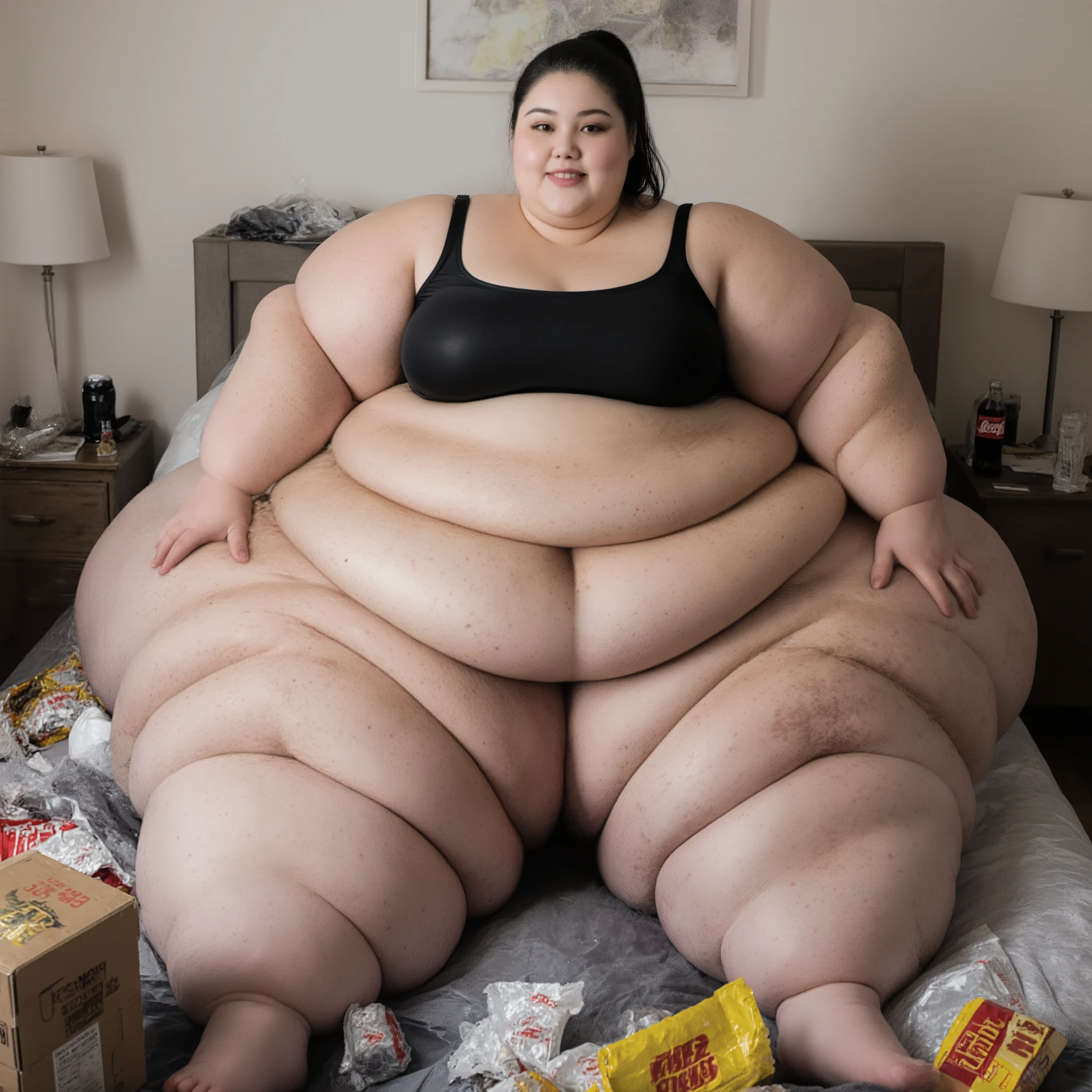 A highly detailed photorealistic photo of the most extremely fat, astronomically oversized woman imaginable sitting on her bed in a full body shot. She is an ultra-morbidly obese, hyper giga mega SSBBW weighing over 2000 pounds, with endless overlapping fat rolls everywhere, a (titanic apron belly:1.9) sagging to the floor and pooling around her, enormous hips spilling over the bed edges, monolithic thighs fusing together. Her body is smothered in dense, quivering adipose with deep folds and dimples. Wearing a tiny black micro bikini failing to contain her (gargantuan sagging breasts:1.8) cascading like boulders. Her ass is an epic overhanging mass squishing the mattress. Colossal pendulous arms, multiple thick chins, bloated hands and feet. Her face is beautiful yet profoundly fat, with plump lips, pudgy cheeks, and youthful Japanese features, pale skin, black hair in high ponytail, seductive smile at viewer. In a cluttered bedroom with fast food wrappers, pizza boxes, snacks, and empty sodas piled everywhere. Ultra-photorealistic 8K, hyper-detailed skin with pores, cellulite, stretch marks, sweat; global illumination, shadows emphasizing fat depths, high dynamic range.
