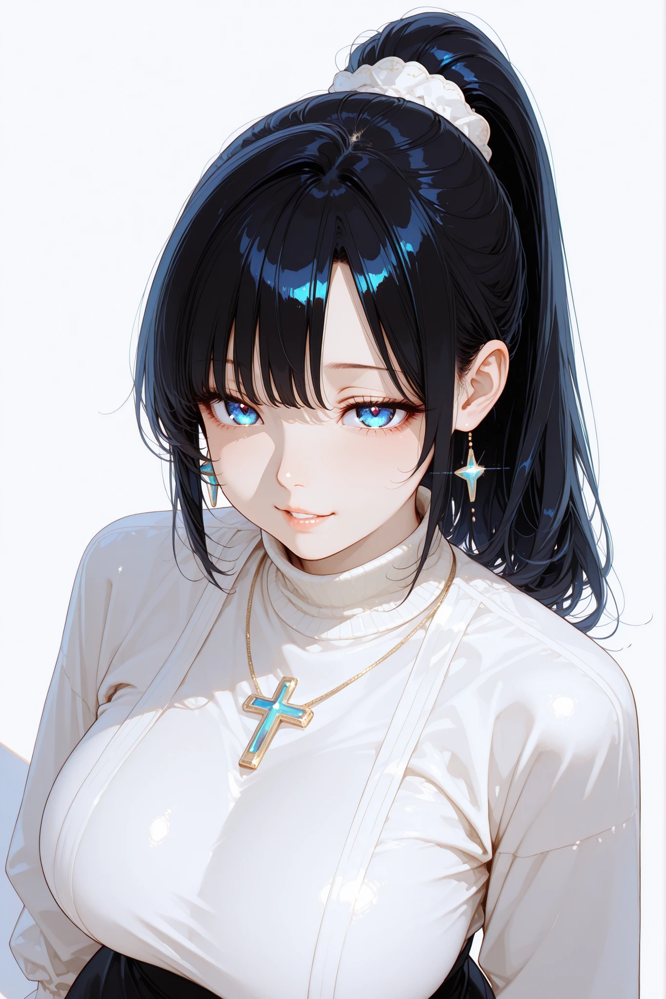 elegant morning light、The sophisticated studio portrait animation. Her Shining, It makes, mature smoothness, plump, The moisturized lips and intense, sapphire blue eyes. captures a striking Russian woman with graceful quality {x} Her well-shaped figure is gracefully outlined by the priest with a white line turtleneck blouse and long, white surface with soft shadows, high ponytail. background are seamless, enhances the. and her straight black hair illuminates her face from above with smooth, enhances the minimalist aesthetic、seductive, Intimate Atmosphere.