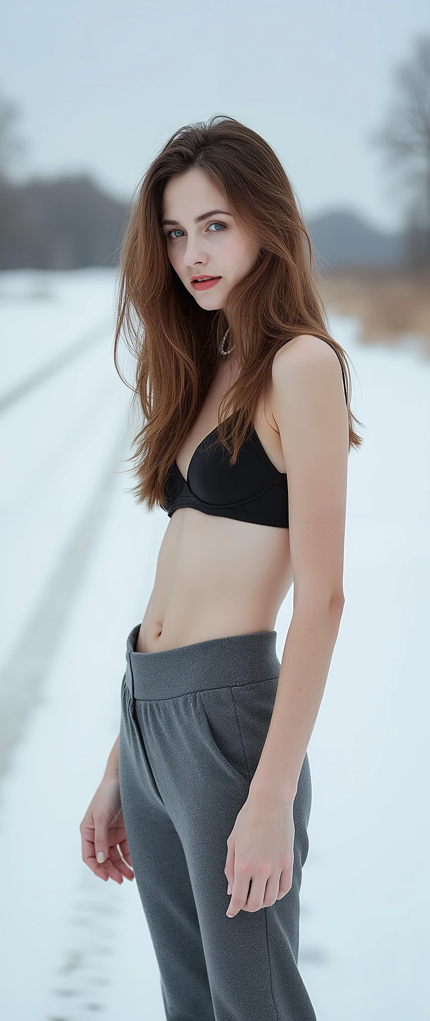 Girl Brown , cabelo castanho, campo longo, disheveled hair , neve , na estrada, with black bra , gray pants