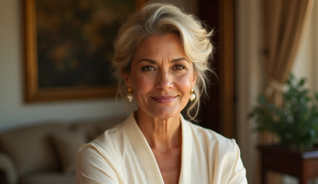 Photo of a mature European woman, 50 years in all, A , pretty face, curly blonde hair, no good, visible , The fold, old, necklace, Neutral Colors, ,size, round , large cutout,  clothing, Sheer Cardigan Sports ,  detailed