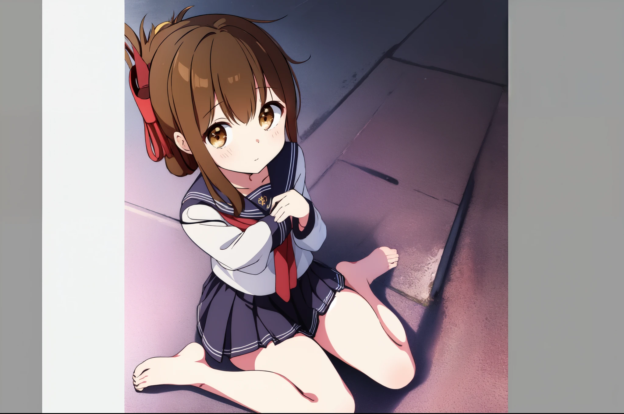 A girl in a miniskirt sailor uniform is sitting on the floor, feeling unwell and watching the class.,(masterpiece, best quality:1.2),illustration,8k,hd,1girl,solo,upper body,(portrait:1.2),brown_hair,folded_ponytail,brown_eyes,serafuku,long_hair,school_uniform,skirt,pleated_skirt,<lora:Inazuma>,thick thighs,better wariza wsitting