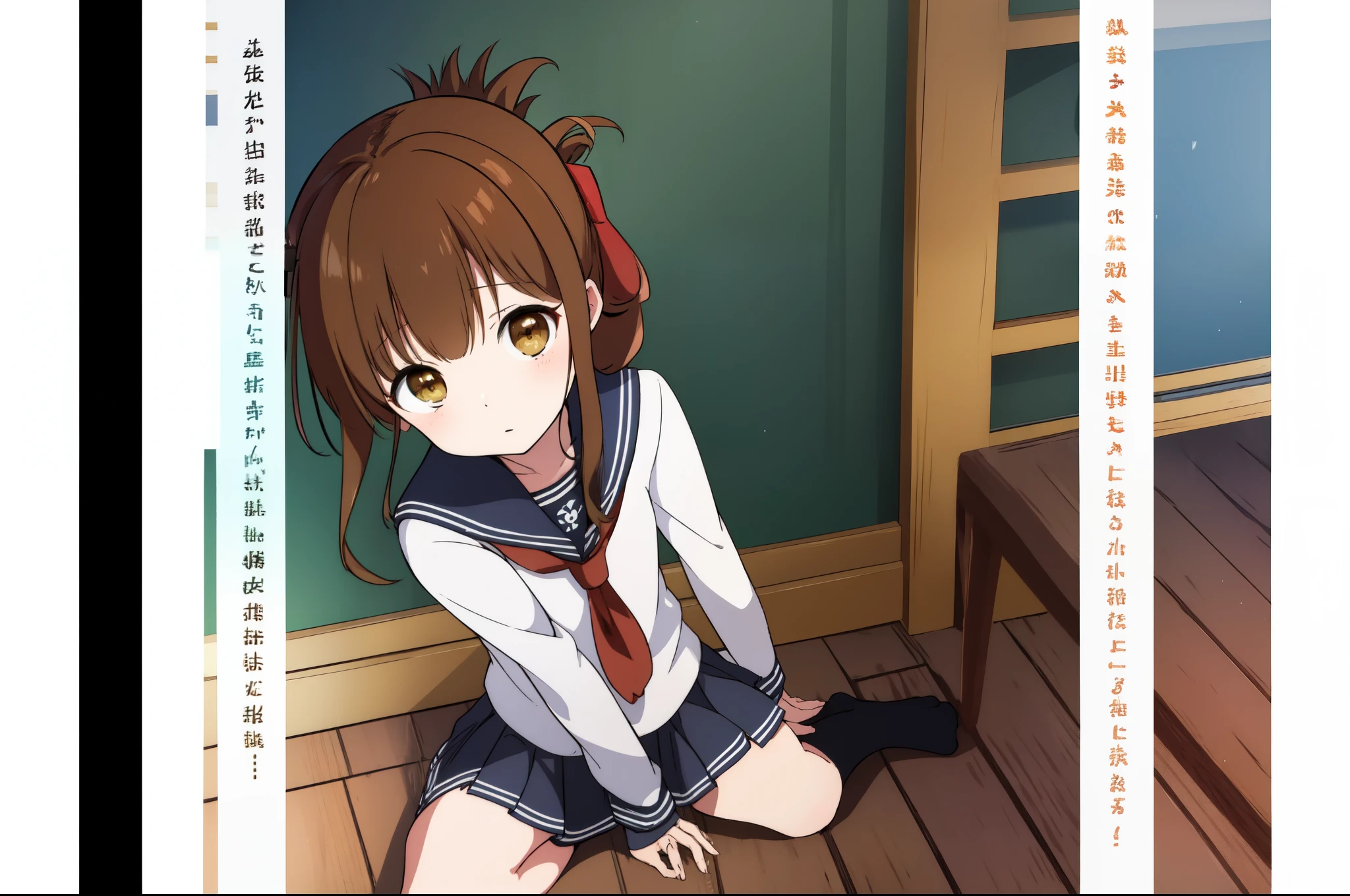 A girl in a miniskirt sailor uniform is sitting on the floor, feeling unwell and watching the class.,(masterpiece, best quality:1.2),illustration,8k,hd,1girl,solo,upper body,(portrait:1.2),brown_hair,folded_ponytail,brown_eyes,serafuku,long_hair,school_uniform,skirt,pleated_skirt,<lora:Inazuma>,thick thighs,better wariza wsitting