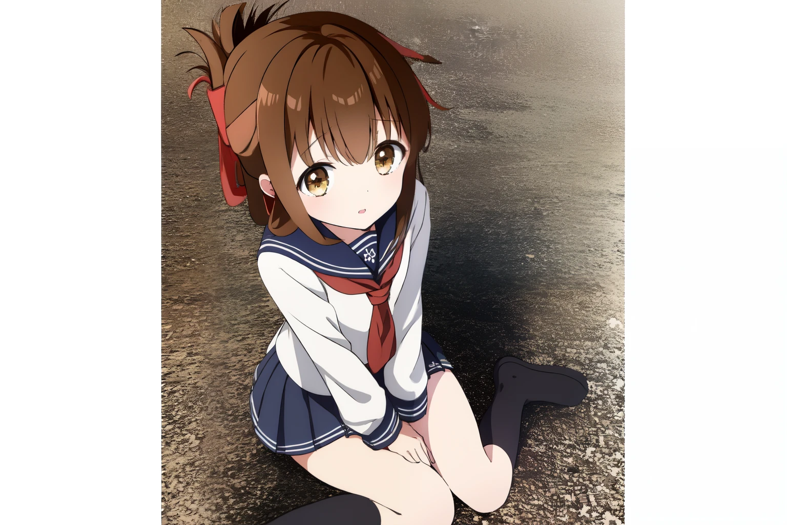 A girl in a miniskirt sailor uniform is sitting on the floor, feeling unwell and watching the class.,(masterpiece, best quality:1.2),illustration,8k,hd,1girl,solo,upper body,(portrait:1.2),brown_hair,folded_ponytail,brown_eyes,serafuku,long_hair,school_uniform,skirt,pleated_skirt,<lora:Inazuma>,thick thighs,better wariza wsitting