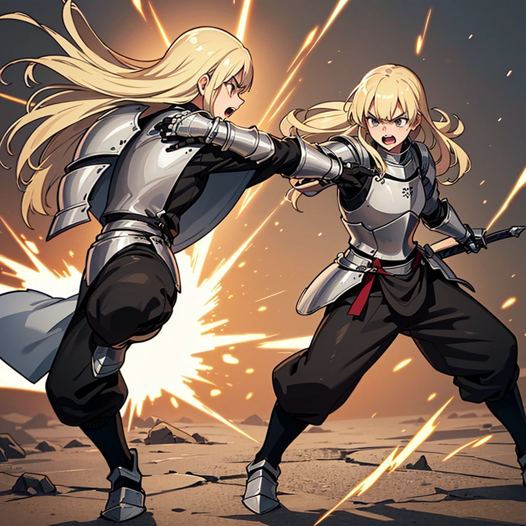 (((Solo)))、Highest quality, Best Quality、(((Gray simple armor、Black trousers))、(woman、18-year-old)、(Blonde、Long Hair)、Grab the sword、(Simple Background)、(((The magic of light、Deathblow)))、((battle、Fighting Pose、Fighting stance、Movement angle))
