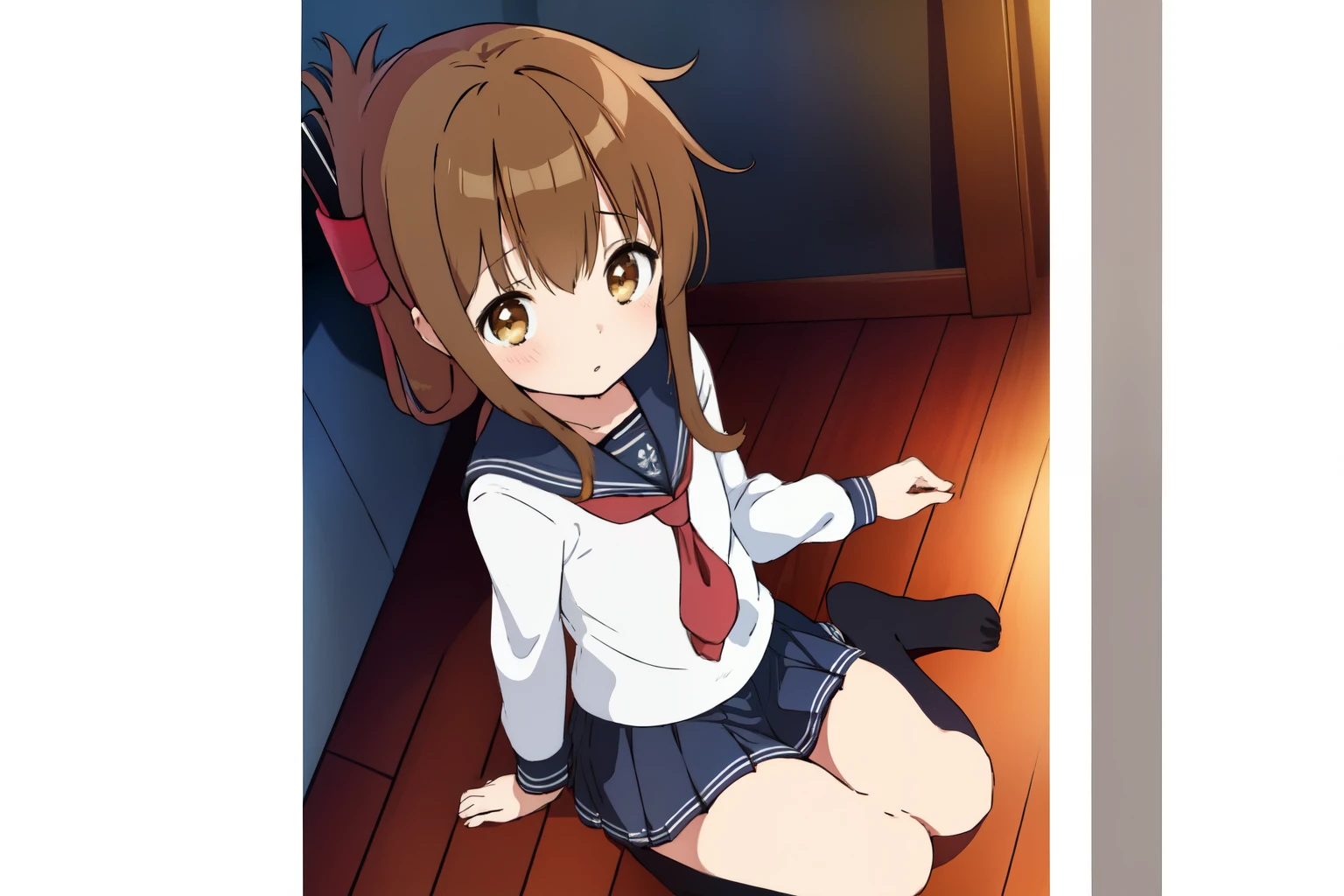 A girl in a miniskirt sailor uniform is sitting on the floor, feeling unwell and watching the class.,(masterpiece, best quality:1.2),illustration,8k,hd,1girl,solo,upper body,(portrait:1.2),brown_hair,folded_ponytail,brown_eyes,serafuku,long_hair,school_uniform,skirt,pleated_skirt,<lora:Inazuma>,thick thighs,better wariza wsitting