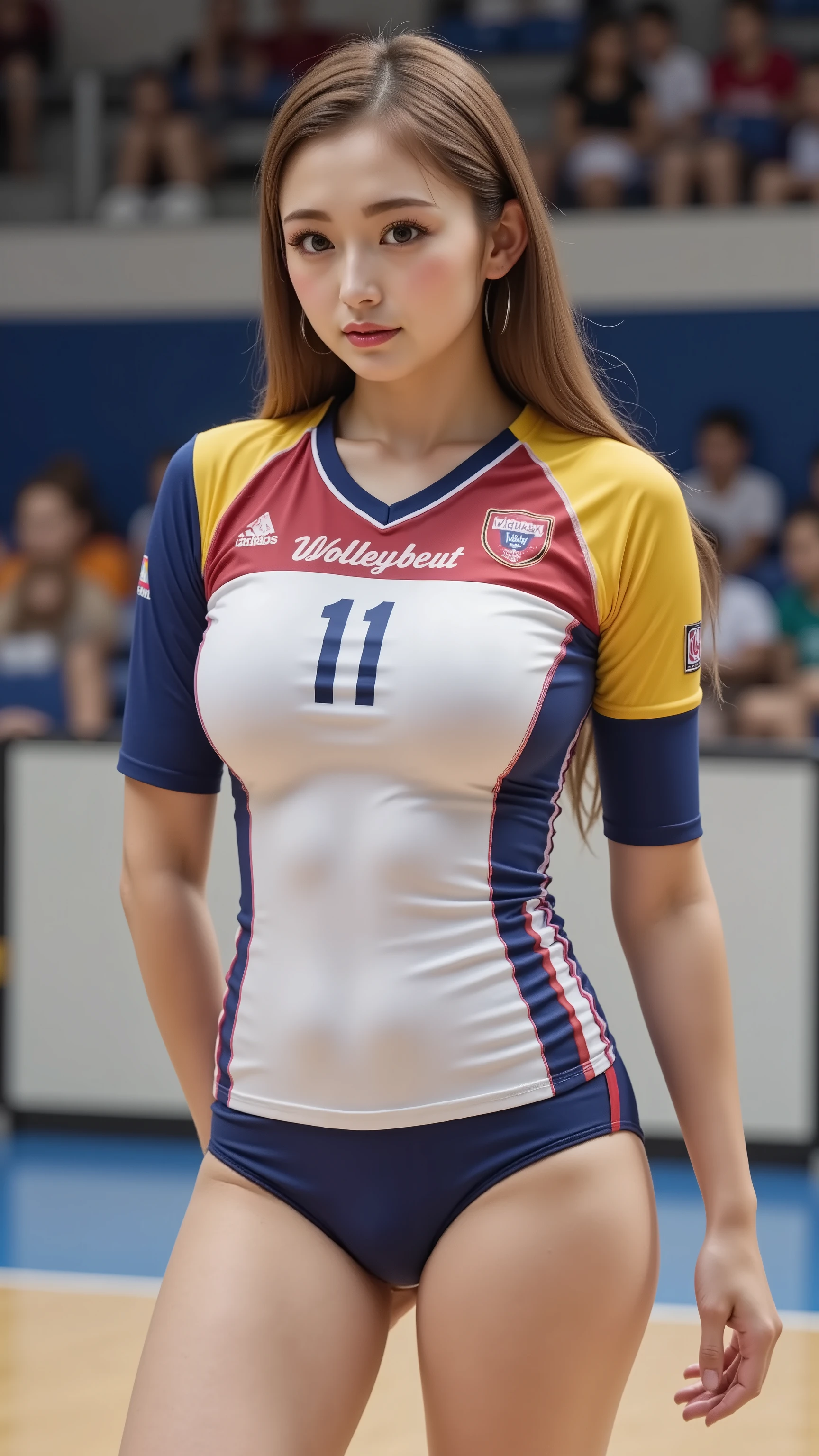 (masterpiece, High Quality, high resolution, cup breasts on the floor, Picture), beautiful woman taking off plastic, フルフェイスPicture, Bright eyes , beautiful breasts, beautiful detailed face, Cute Smiles, ((big boobs:1.5)), nice butt , Angelic Expression, beautiful legs, great detail of body and face in a and sensual and erotic pose. The background and surrounding details are great. Beautiful girl with very large breasts, red lips, long hair loss biting his lower lip, and sensual. アジア系の特徴を持つ若くて魅力的な女性のPicture, volleyball player standing on the court. She's wearing the 11th team's jersey. team jersey。and her outfit is mostly white and wears a、Details are blue, and wears the sponsor's logo and text. (she has her hair in a ponytail), There are people in the background , , suggests that a sporting event or match is taking place.
