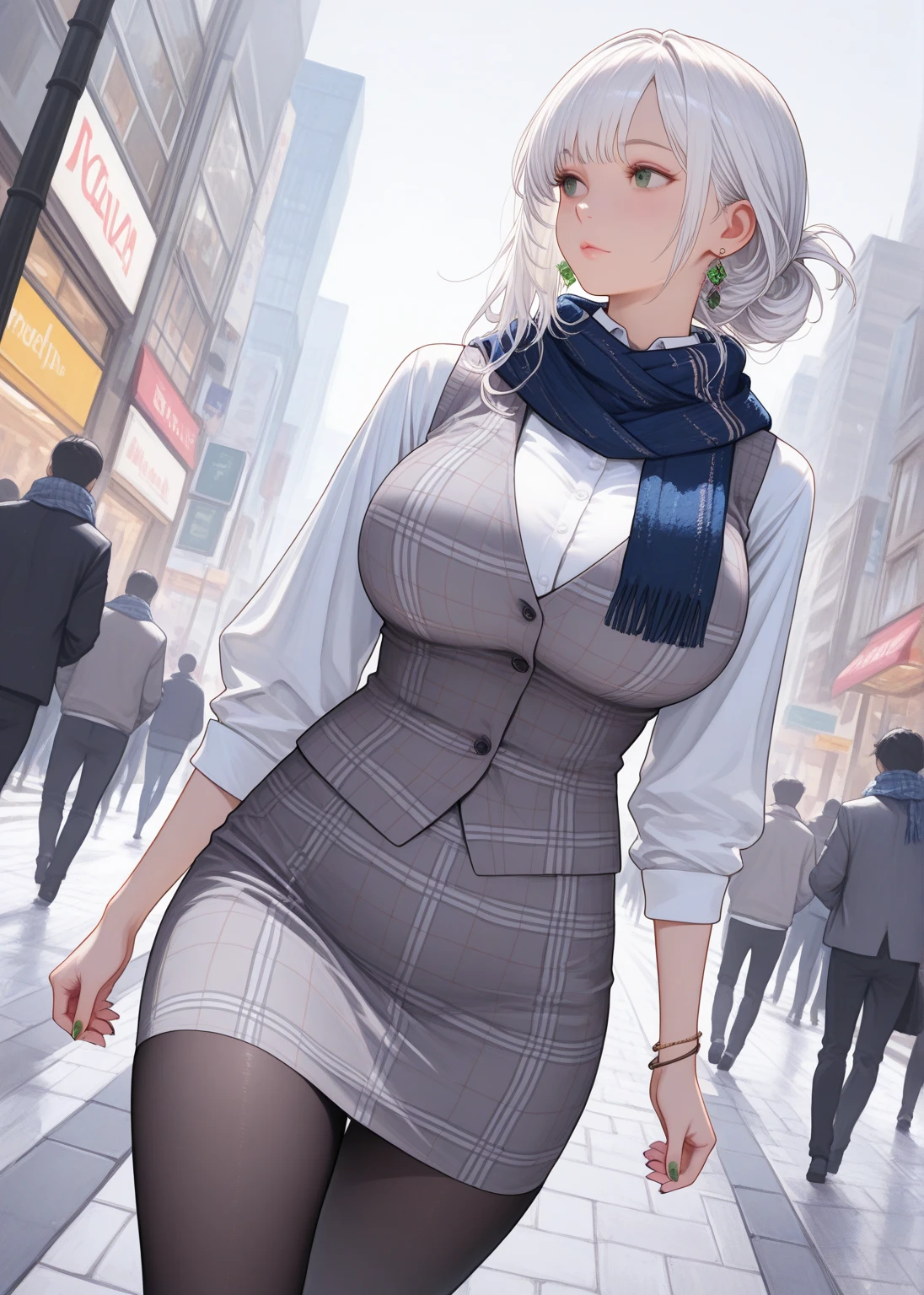 (masterpiece, best quality:1.4), (beautiful, perfect, delicate, detailed, intricate, aesthetic:1.2), cinematic shot, natural light, light particles, sunlight, atmospheric, vivid colors, (depth of field:1.4), looking at viewer, (ebony:1.4), (black skin:1.4), (perfect face, detailed face, eyeliner, glossy lips), (gigantic breasts, narrow waist), (long wavy hair, gray hair, grey hair), (delicate pencil skirt, delicate thighhighs, blazer, straps, open buckles, cleavage, choker, jewelry), (skindentation), outdoors, busy square, people in the background, crowd, buildings, trees, plants, garden, streets, cars, (cowboy shot:1.4),