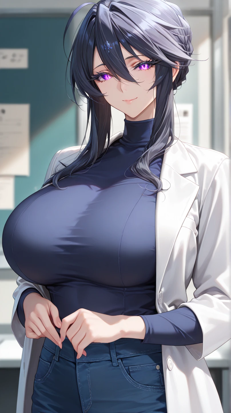 (((masterpiece, best quality, 4k, uhd, highres, extremely detailed 8K wallpaper, detailed body, detailed eyes))), vivid colors, face light,  expressive eyes, perfect face, (outside, garden, flowers)
BREAK, 
1girl, white girl, (mature woman:1.7), toned, (happy, blush, smile), looking to viewer, 
(purple eyes)
Long hair, blue hair,
(ears pierced), choker, jewelry, 
(:1.7), puffy ,
thick , thick thighs, slim waist, , 
(lab coat, doctor coat, white coat), bra, (:1.3), pubic hair, colored pubic hair, (blue pubic hair:1.6)