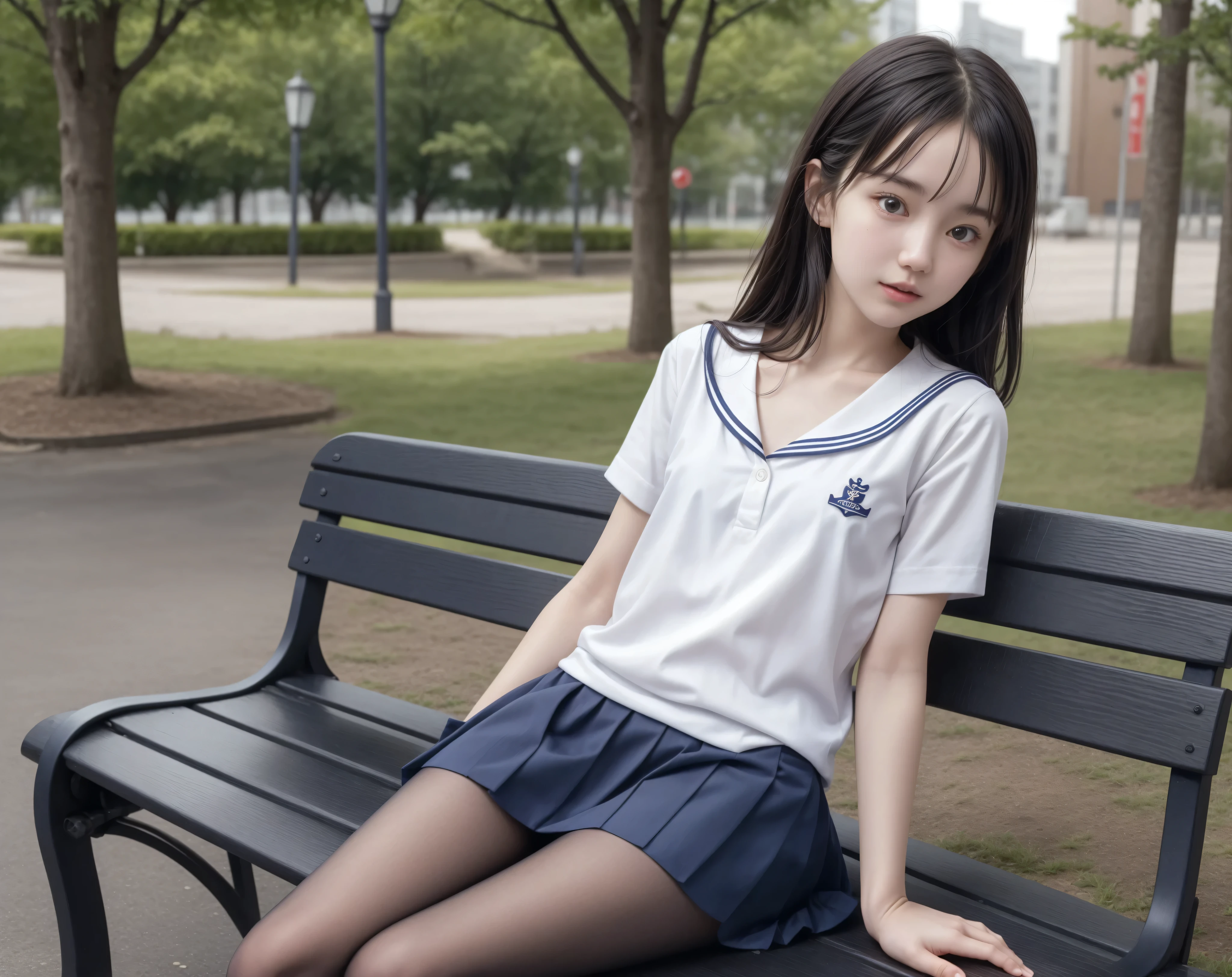 20 years old,cute girl,かわいいyounger女の子,slender,Skinny,short,skinny,slender body,Low body weight,younger,cute hairpins,sailor suit cosplay,navy blue skirt,realistic with a full body crouching,sitting on a park bench by an expert,small breasts,japanese,Narrow Shoulder,hypnotic black tights,dark hair
