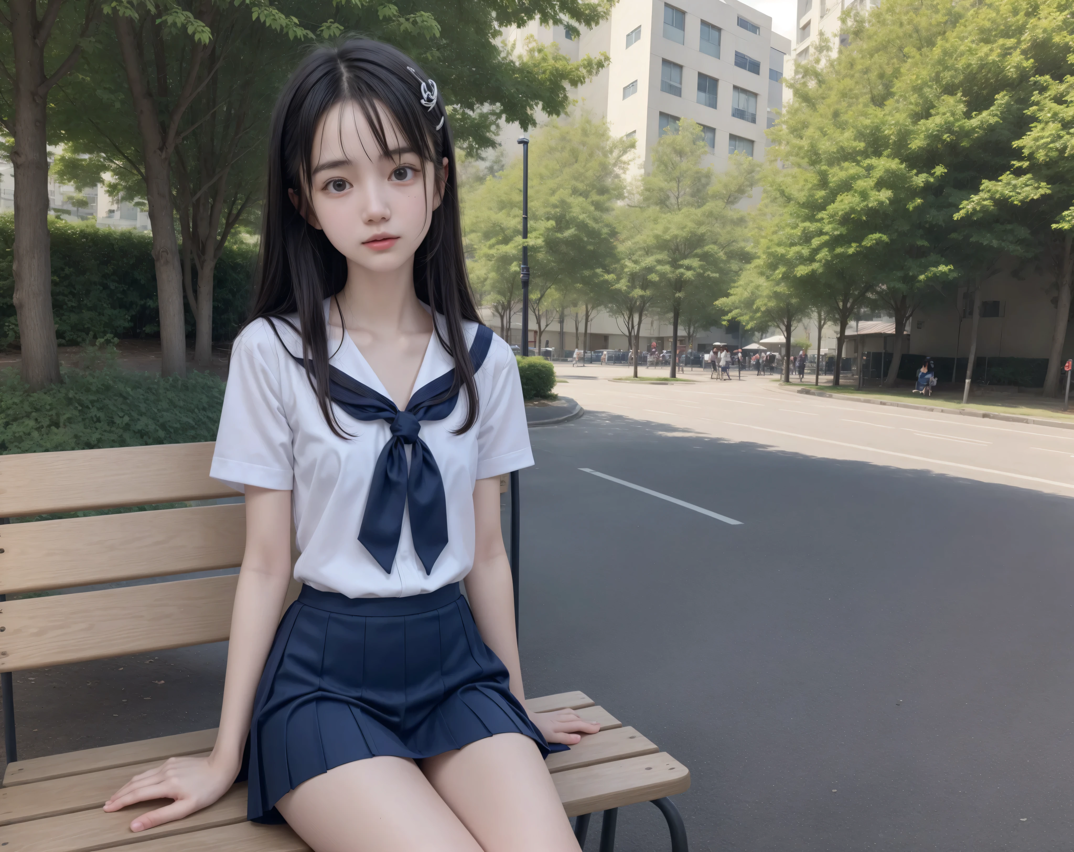 20 years old,cute girl,かわいいyounger女の子,slender,Skinny,short,skinny,slender body,Low body weight,younger,cute hairpins,sailor suit cosplay,navy blue skirt,realistic with a full body crouching,sitting on a park bench by an expert,small breasts,japanese,Narrow Shoulder,hypnotic black tights,dark hair