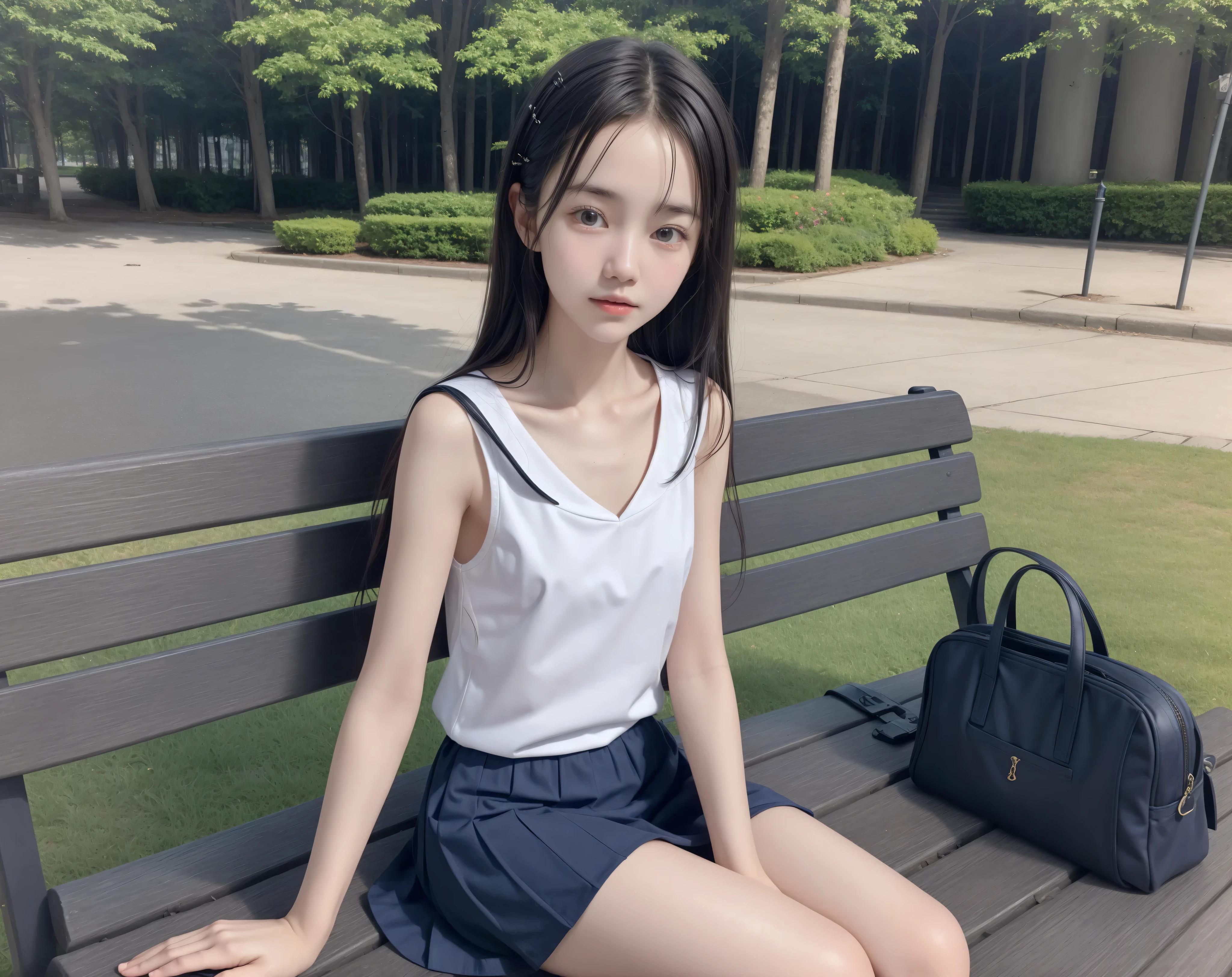 20 years old,cute girl,かわいいyounger女の子,slender,Skinny,short,skinny,slender body,Low body weight,younger,cute hairpins,sailor suit cosplay,navy blue skirt,realistic with a full body crouching,sitting on a park bench by an expert,small breasts,japanese,Narrow Shoulder,hypnotic black tights,dark hair