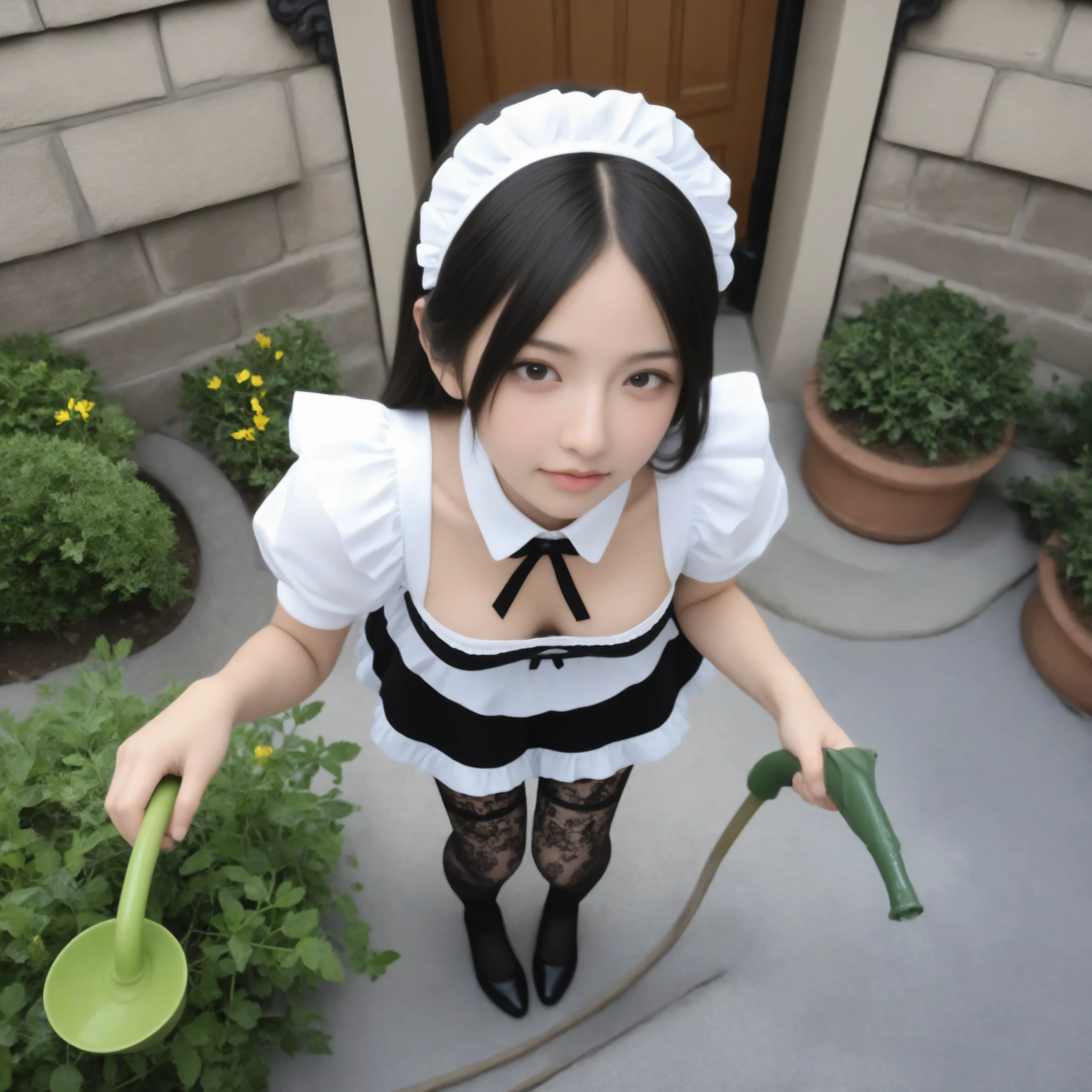 1 Girl、maids,Look at the audience,(skinny:0.65),(younger:0.51),from above,lean forward,(big boobs:0.38),is watering flowers outside the mansion,japanese,(smile Yang:0.31),black lace stockings
