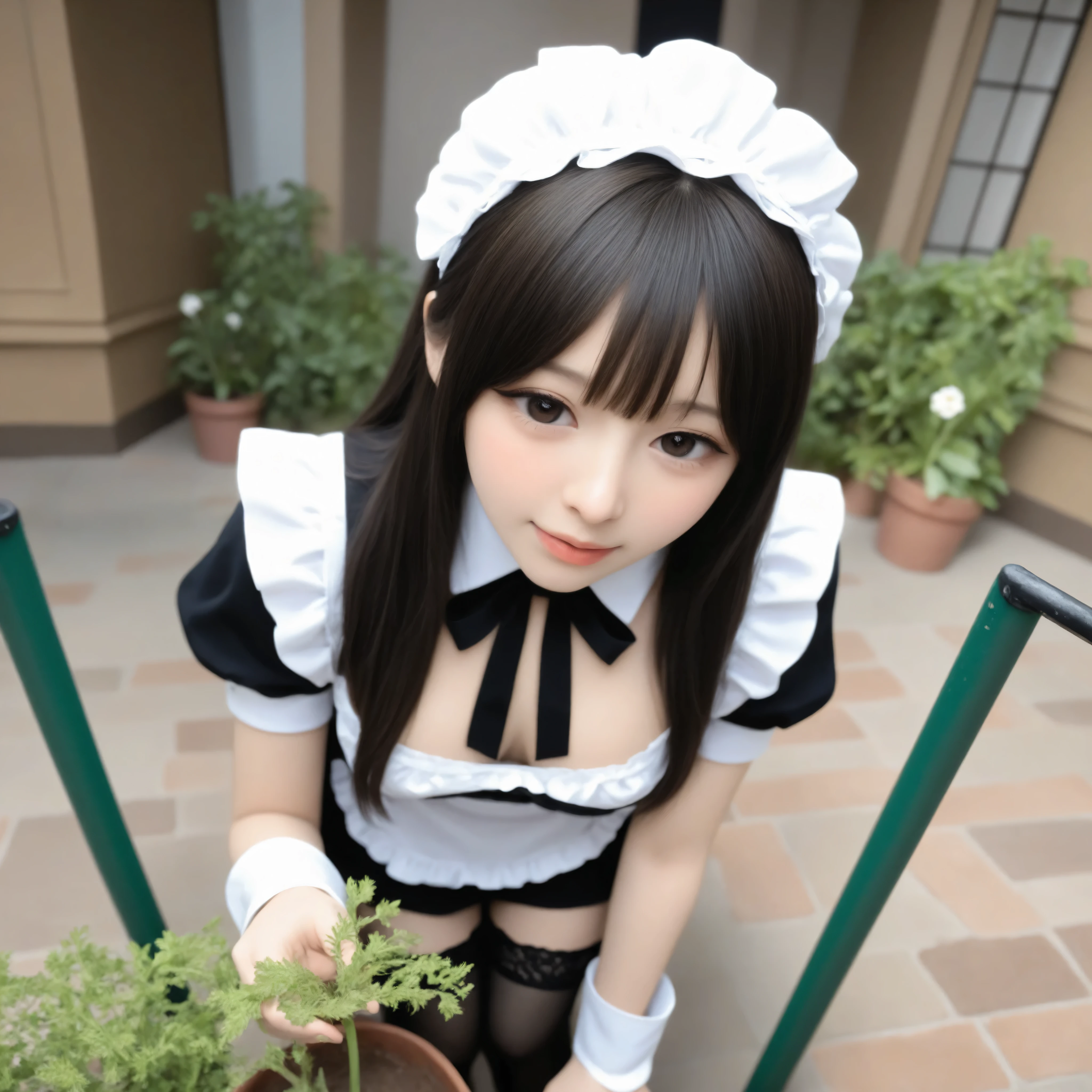 1 Girl、maids,Look at the audience,(skinny:0.65),(younger:0.51),from above,lean forward,(big boobs:0.38),is watering flowers outside the mansion,japanese,(smile Yang:0.31),black lace stockings