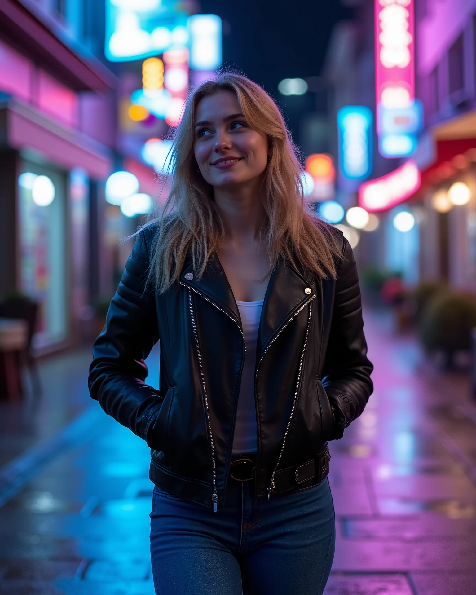 A fair-skinned blonde-haired European young woman wearing a black leather jacket and jeans, walking on a wet city street at night with glowing neon lights (blue and pink tones). She’s looking slightly away, candid smile, hands in pockets. Reflections of lights on road, cinematic yet realistic vibe.
