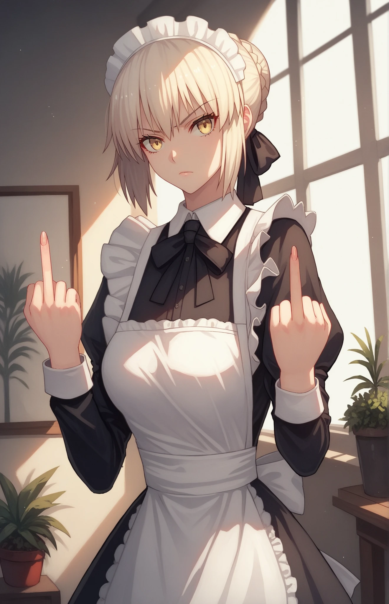 score_9, score_8_up, score_7_up, score_6_up, score_5_up, score_4_up, BREAK source_anime, 1girl, clothed, saber alter, indoors, potted plant, window, sunlight, nyantcha, looking at viewer, serious, dutch angle, maid uniform, braid, double middle finger,  <lora:nyantcha_autismixanon_adam8_tags_2500_resized_rank20:1>