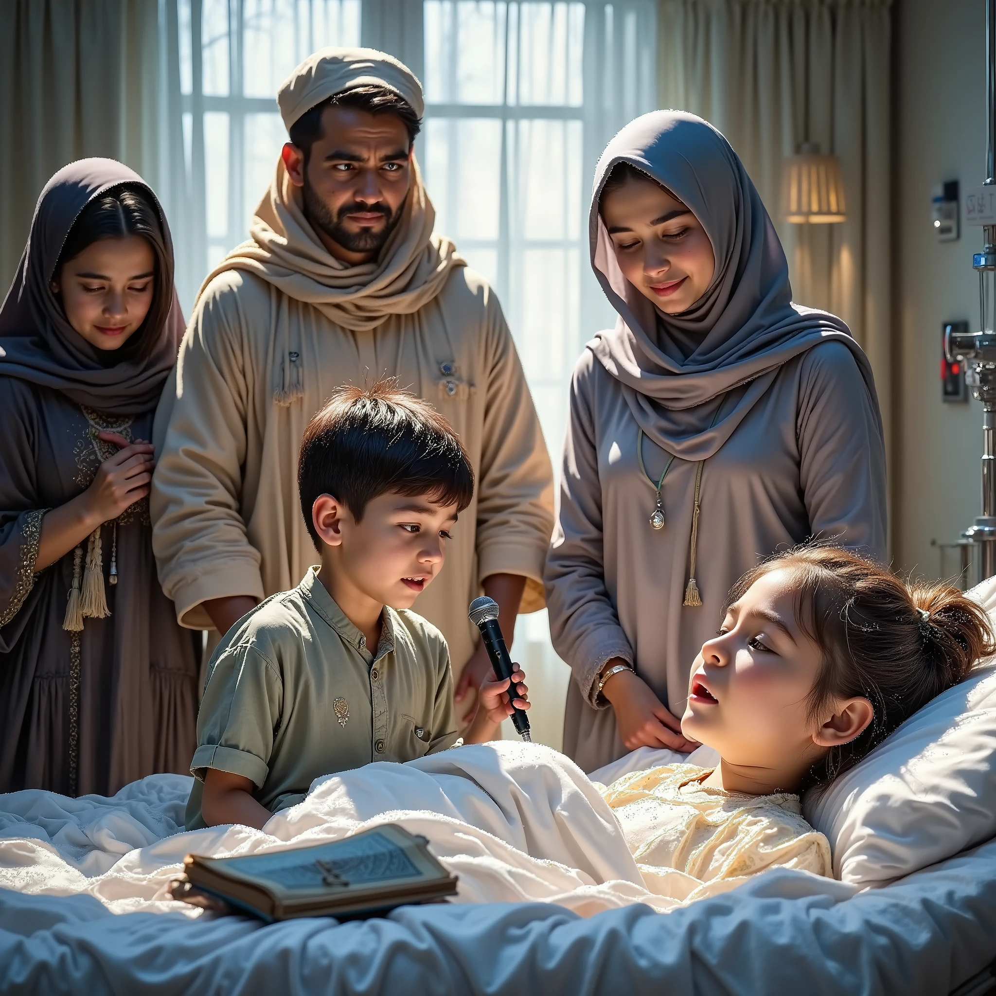 Ultra realistic, cinematic, and emotionally beautiful HD image of a small Pakistani boy lying on a hospital bed, with a white bandage wrapped around his head. His lips are softly moving as he recites verses of the Holy Quran. A Pakistani nurse wearing a modest uniform stands beside him, holding a microphone near his mouth.

Around the boy’s head side, three Pakistani women (mother, aunt, and grandmother) stand in traditional shalwar kameez, with tearful eyes and emotional expressions.

The hospital room is bright yet peaceful, with soft warm lighting, clean white sheets, a Quran placed near the bed, and a spiritual glow in the air symbolizing divine peace.

The overall atmosphere should be heart-touching, pure, emotional, and soul-soothing, with ultra-detail on facial expressions, realistic skin tones, and cinematic lighting.