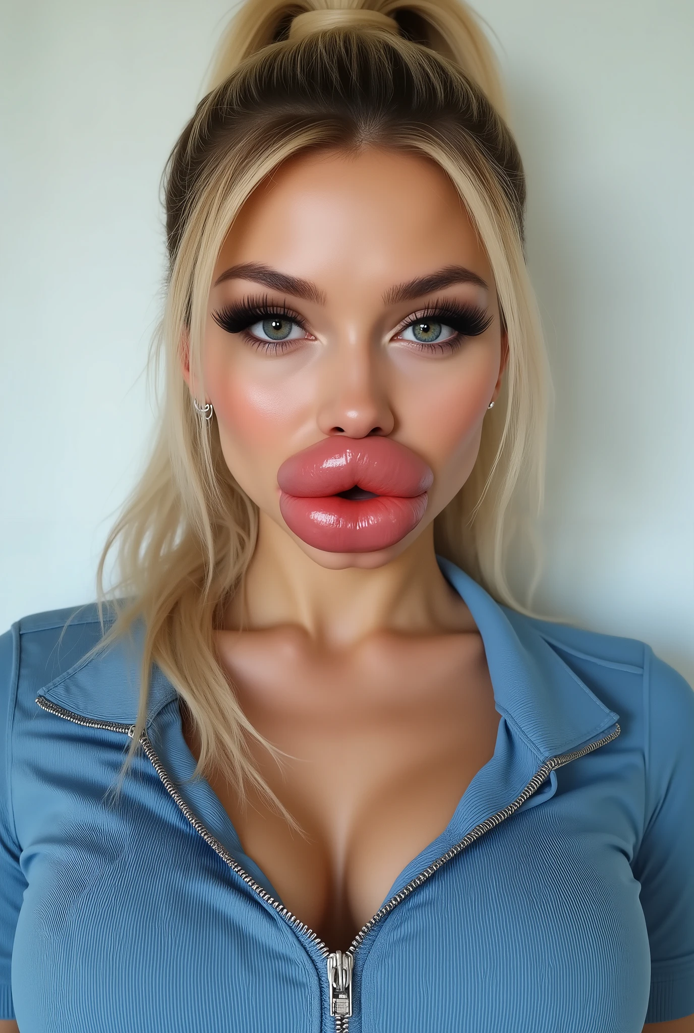 Ultra-realistic front view portrait of a beautiful young woman in her 20s with platinum blonde hair tied in a high ponytail. She has flawless skin, long eyelashes, and bold makeup with contour and shimmer. Her facial features are huge fake round bimbo lips, glossy and overfilled, giving her a plastic-surgery-enhanced look. round cheeks and jawline. She Looks innocent. She is wearing a tight blue zip-up athletic top with a deep neckline that shows cleavage. The lighting is soft and even, and the background is minimal, emphasizing her face and outfit. The style is high-end influencer aesthetic, ultra-detailed, photorealistic, cinematic 8k.