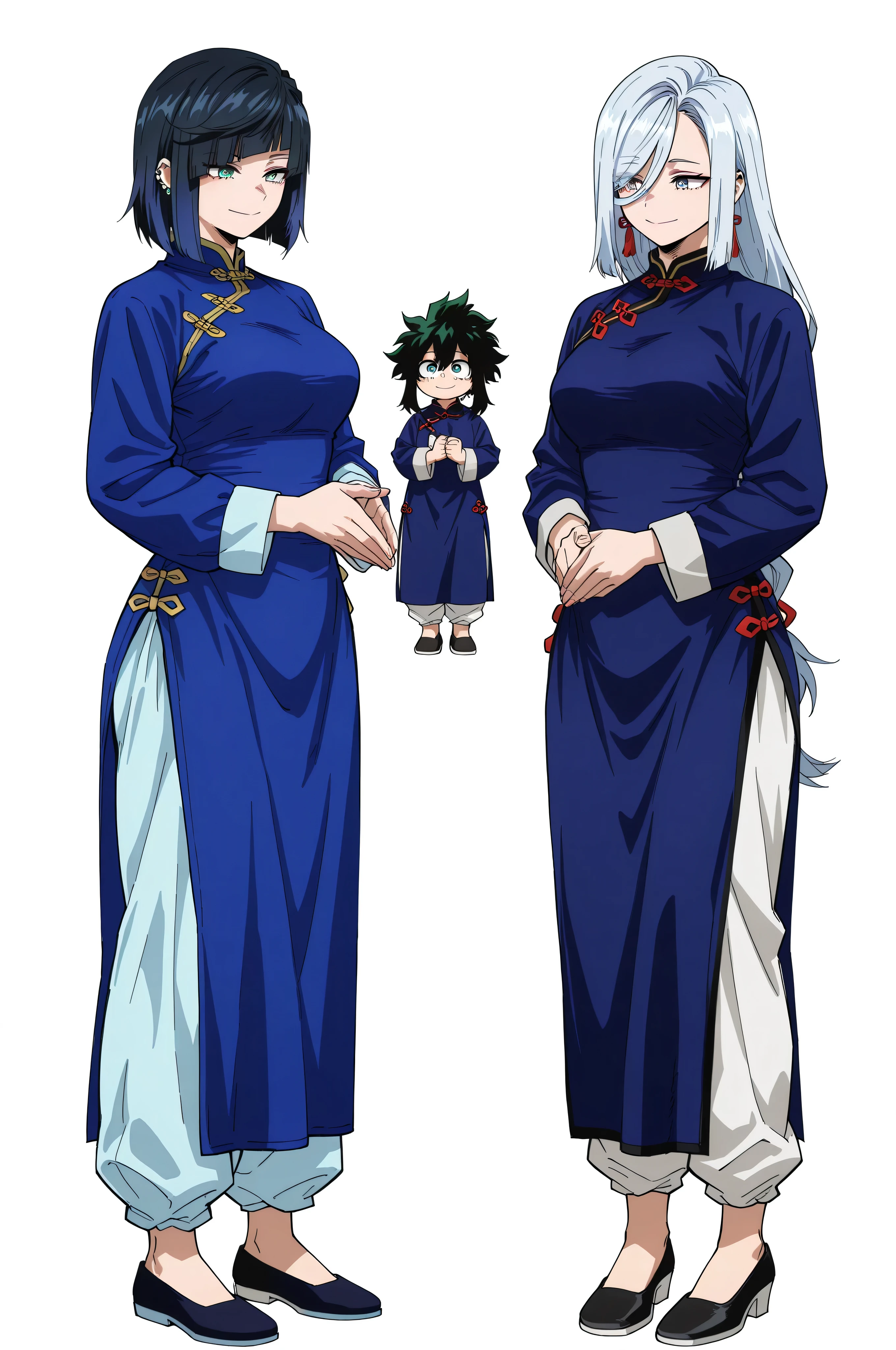 boku_no_hero_academia_style,score_9_up, score_8_up, BREAK, KungFuUniform, 2girl, multiple girls, white hair, black hair, grey eyes, green eyes, chinese clothes, mature, white background, blue dress, no pants,  mature, smile, hair between eyes, wife, full body, white pants, black footwear, shenhe, yelan, same height,